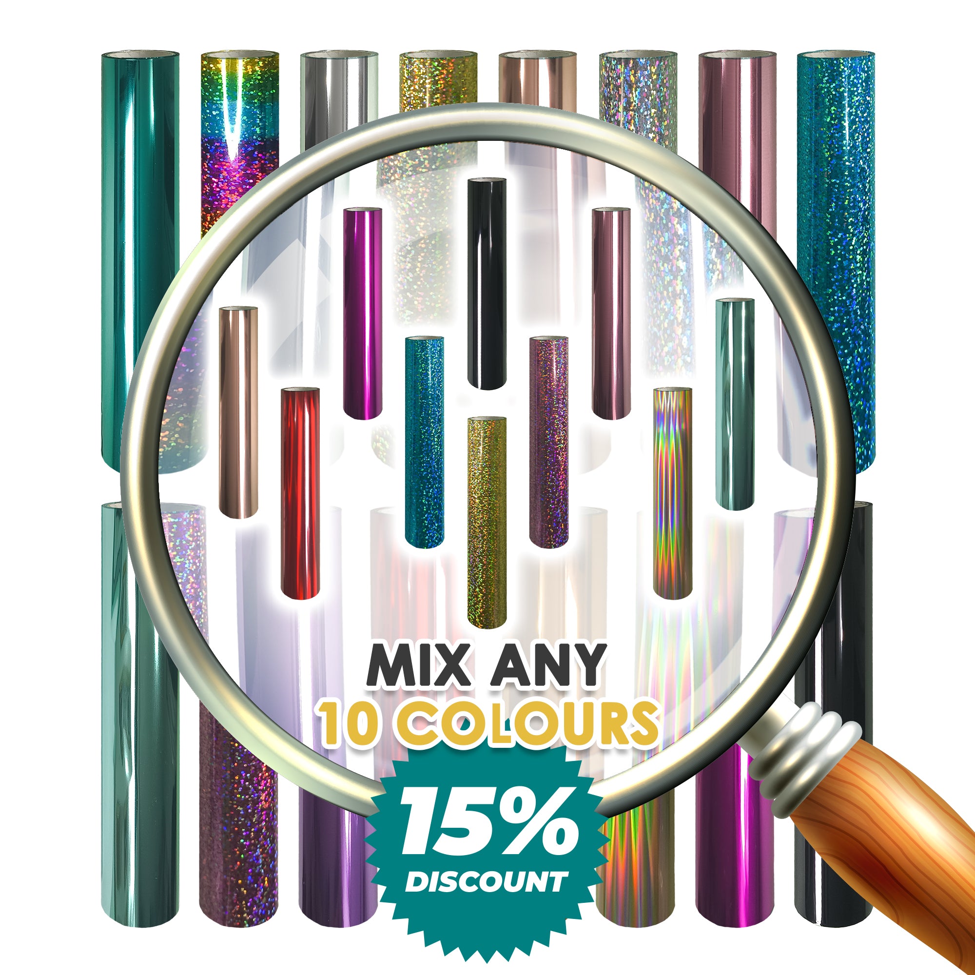 Pretty Things London Creator’s Ten bundle graphic with magnifying glass over multiple toner foil rolls, choose any 10 colours for full-spectrum custom foiled projects.