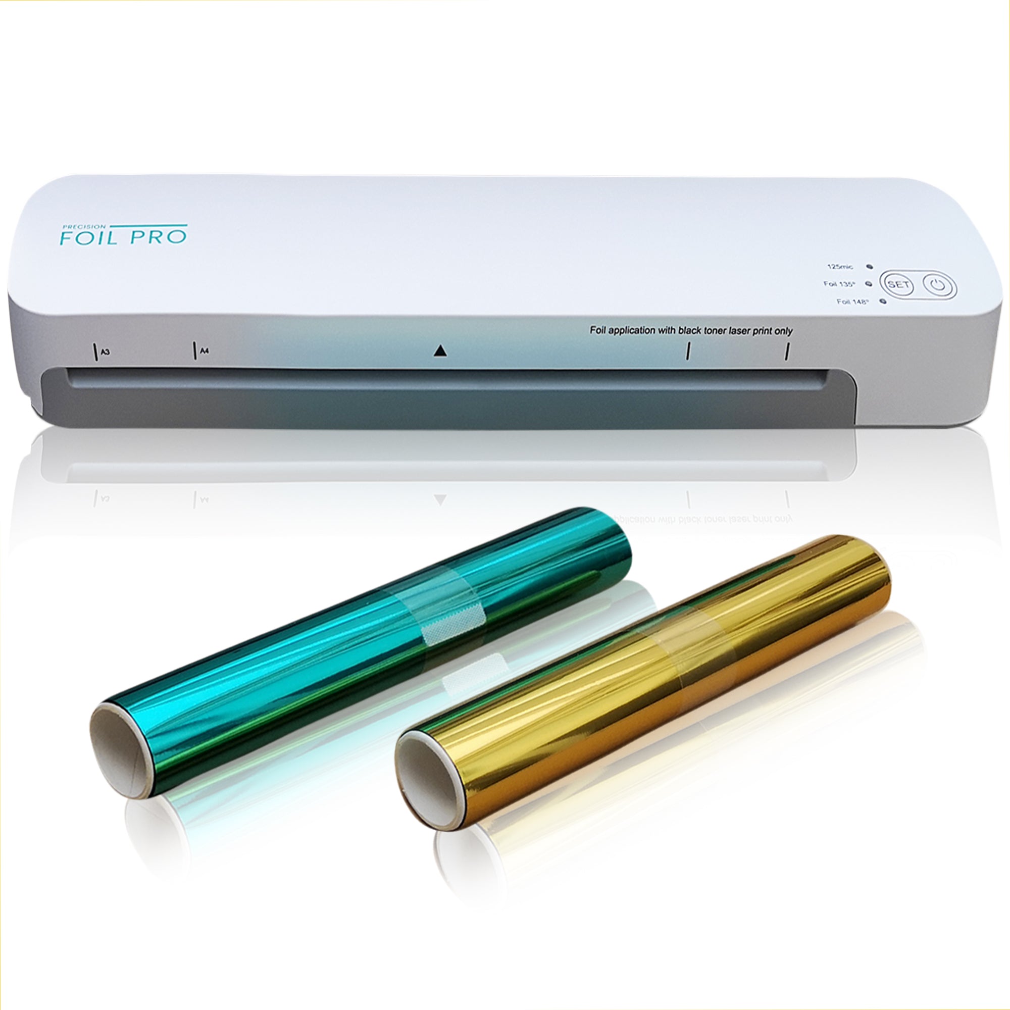 Precision Foil Pro machine with two rolls of foil, one turquoise and one gold, placed in front, indicating the machine is designed for foil application on black toner laser prints.