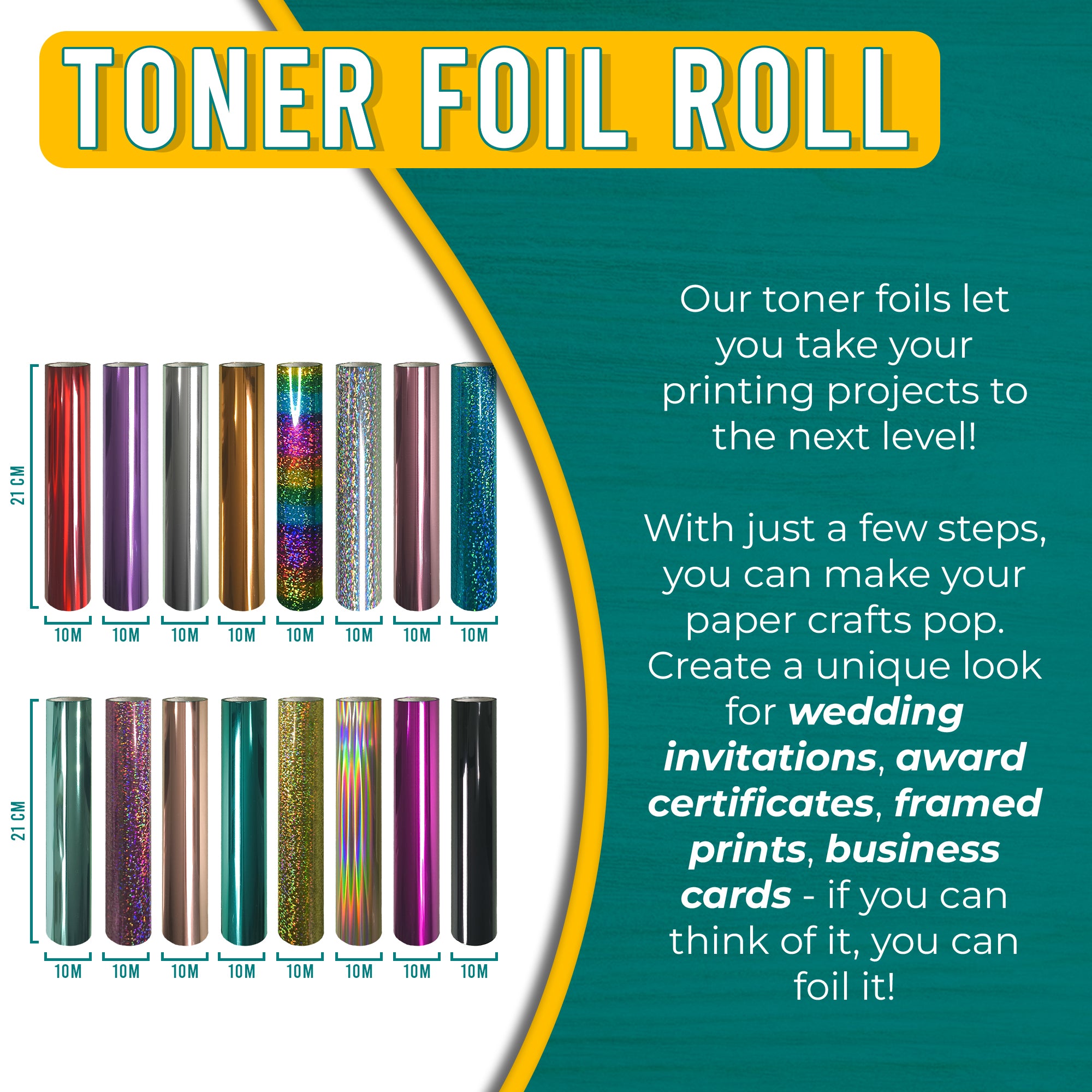 Pretty Things London Maker’s Mix set of 5 toner foil rolls, 21cm x 10m, premium metallic, holographic and glitter finishes ideal for invitations, certificates and branded stationery.
