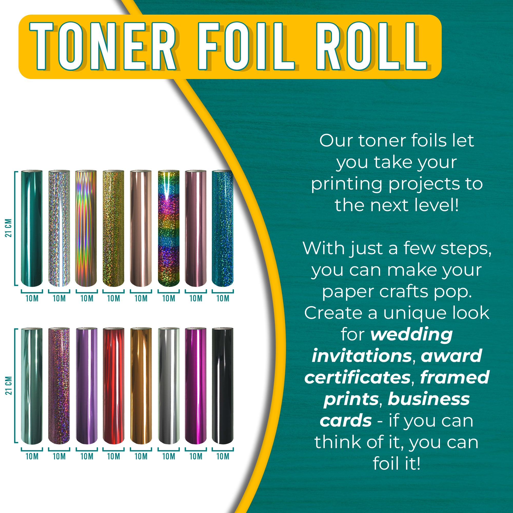 Pretty Things London 21cm x 10m toner foil rolls in mixed metallic, holographic and glitter finishes, with text promoting premium foils for invitations, certificates and business branding.
