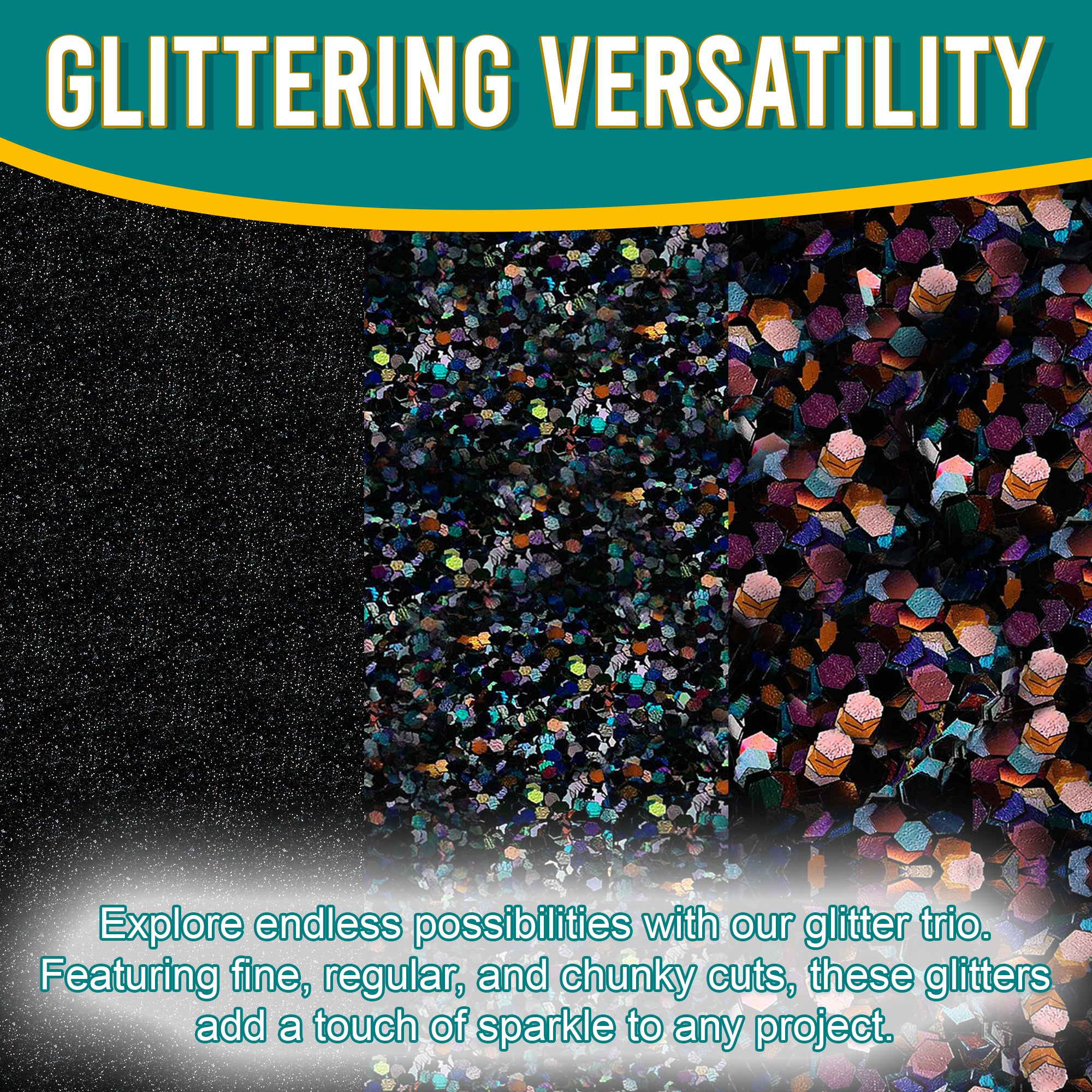 2.	Versatile Showcase - Black Glitter Trio with Fine, Regular, and Chunky Cuts