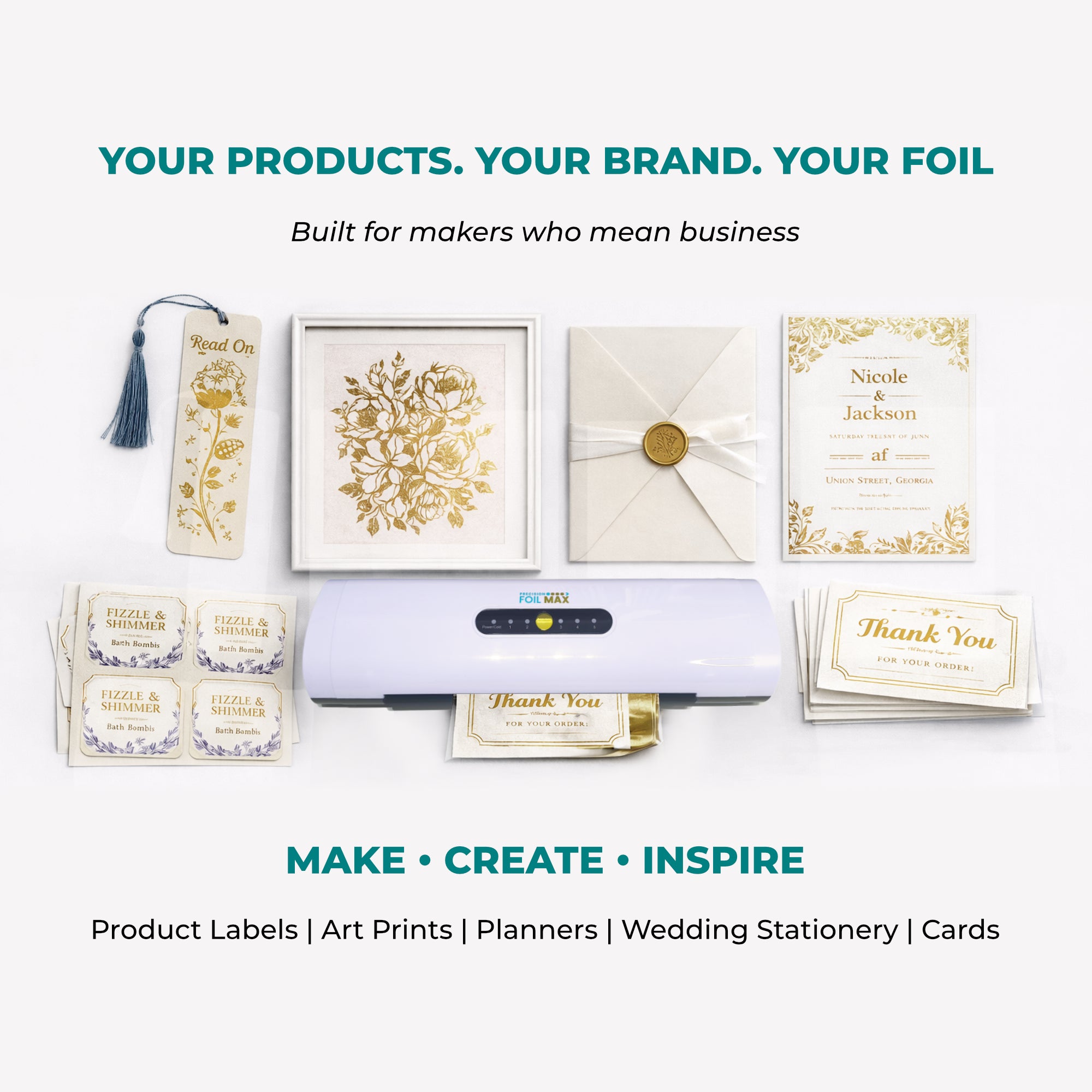 Foil Max machine and metallic gold printed products on a white background with promotional text.