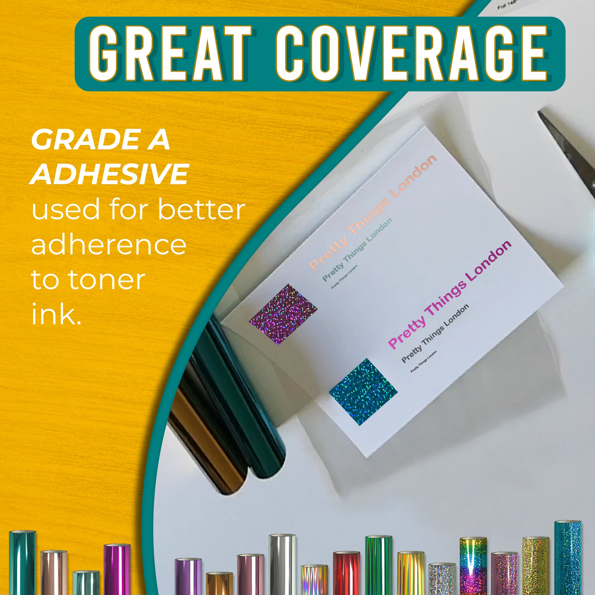 Pretty Things London Creator’s Ten bundle of 10 toner foil rolls with Grade A adhesive, delivering strong coverage and crisp adhesion on toner ink for professional foiling.