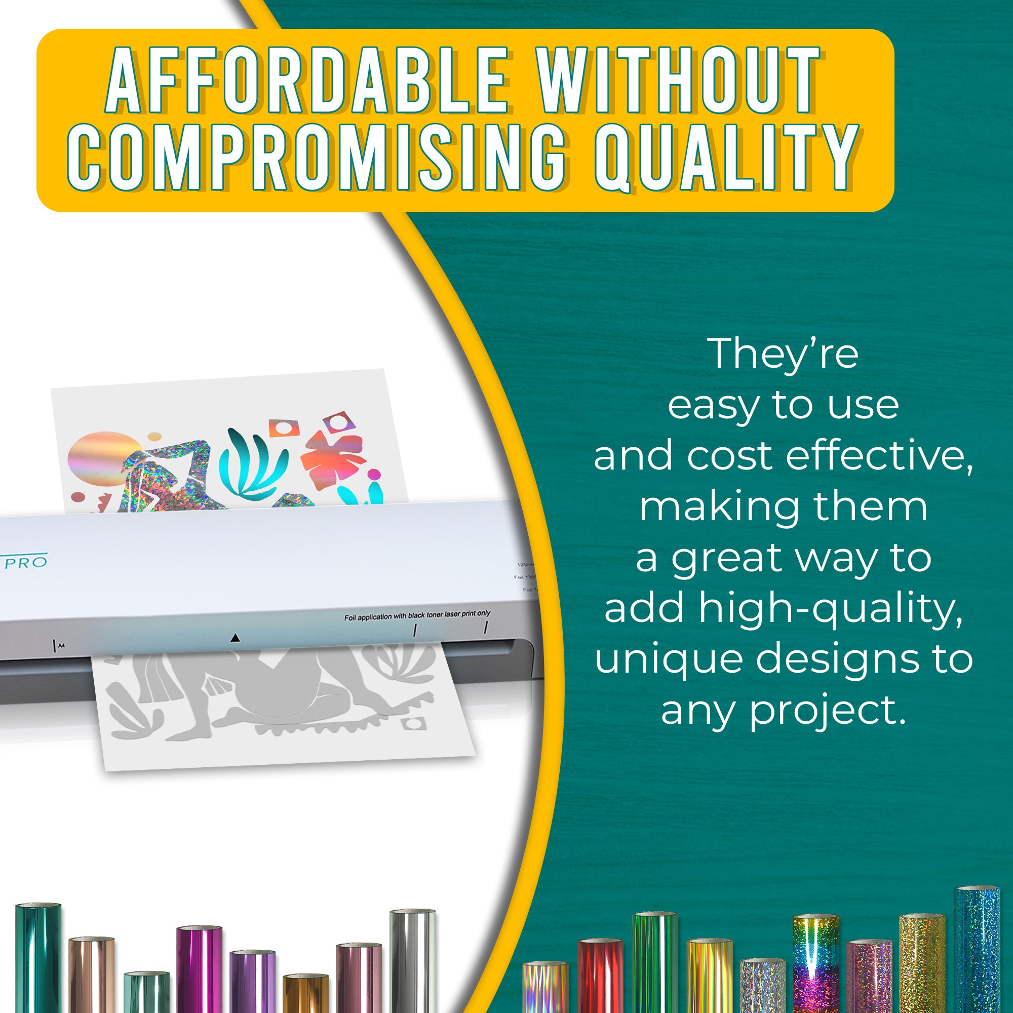 Pretty Things London Precision Foil Pro laminator and colourful toner foils with text highlighting affordable, professional-quality foiling for creative projects.