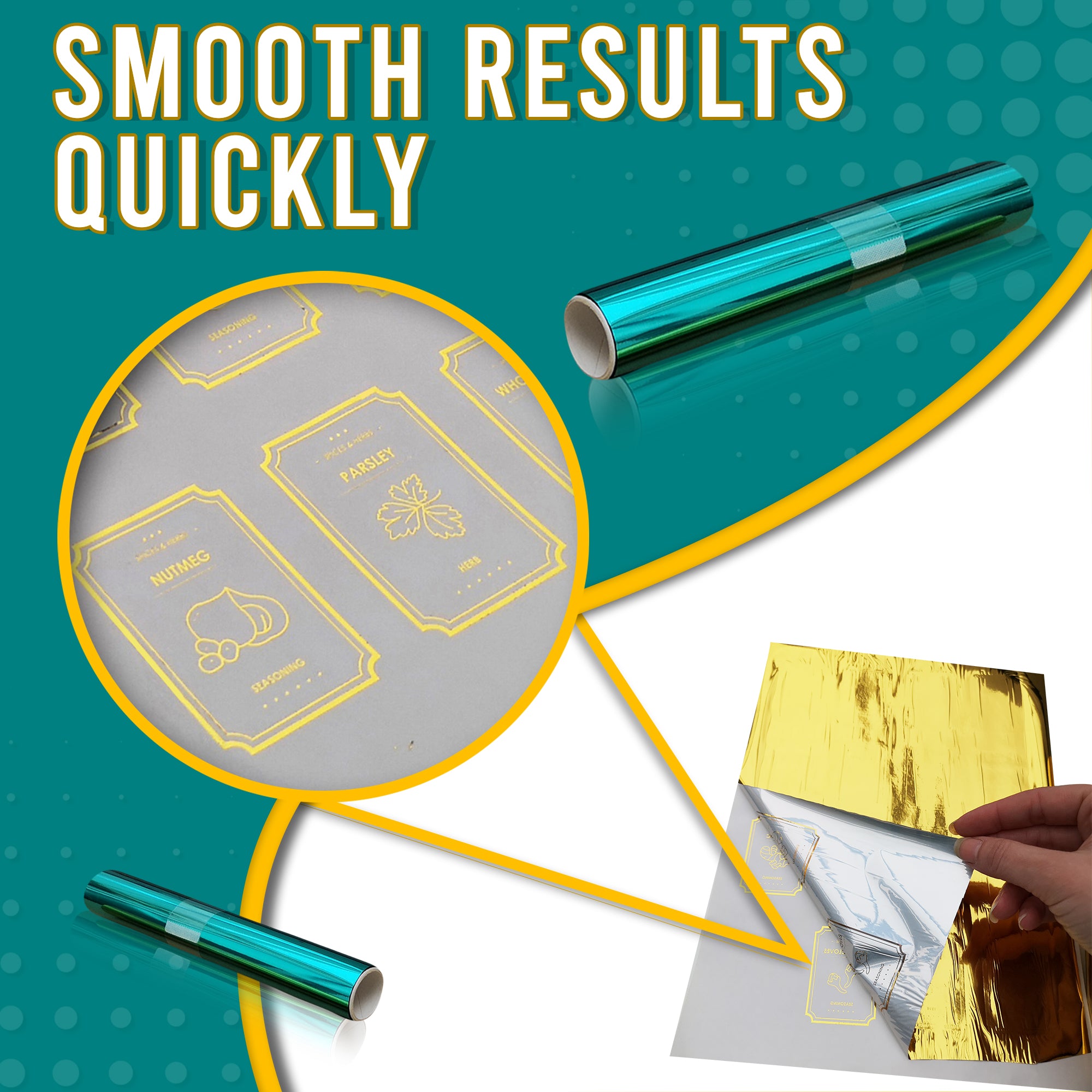 Precision Foil Pro machine demonstrating the smooth foiling process on detailed prints using turquoise and gold foil rolls, with the text 'Smooth Results Quickly'.