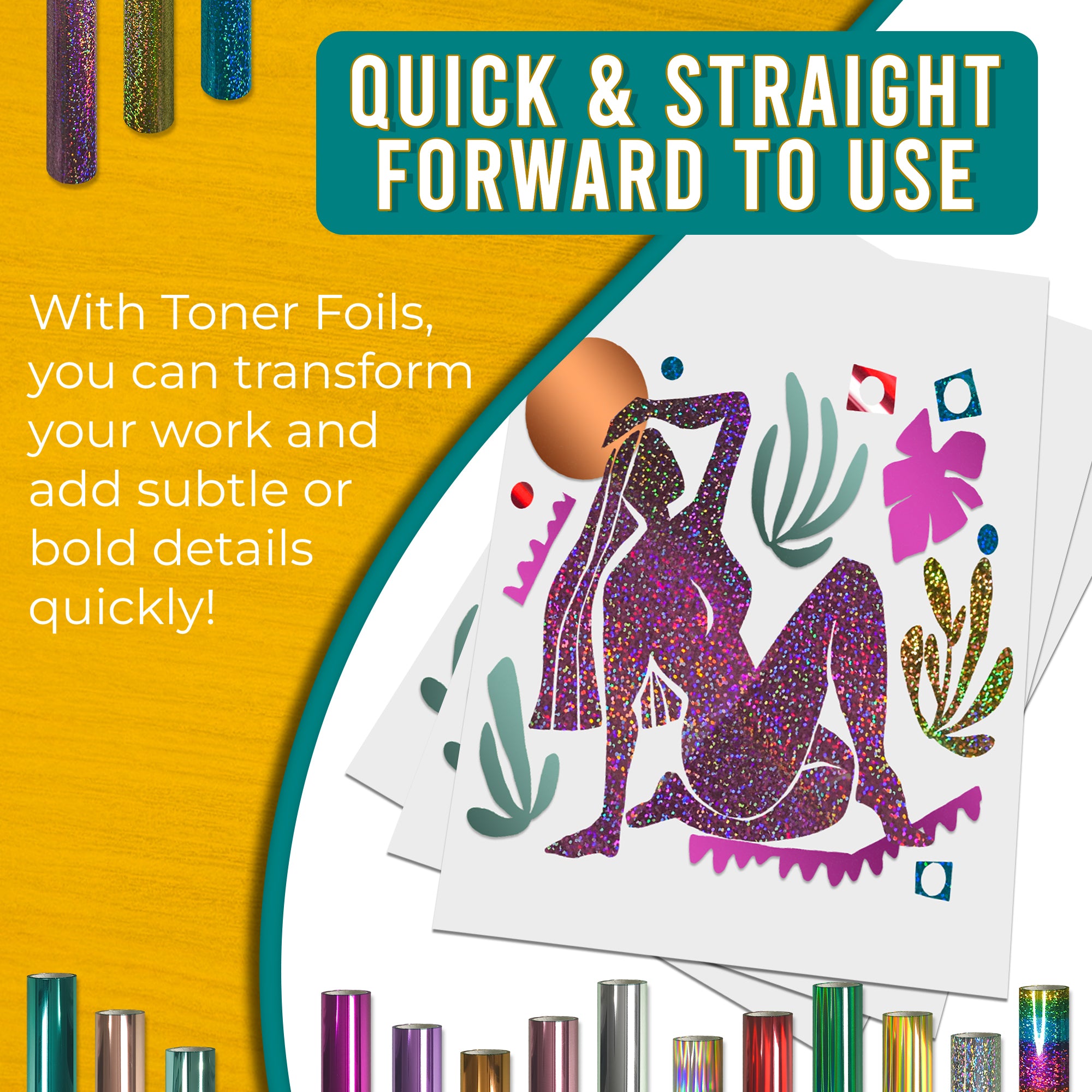 Pretty Things London holographic toner foil artwork showcasing the Creator’s Ten bundle of 10 rolls, showing easy, fast foiling for bold, eye-catching designs.