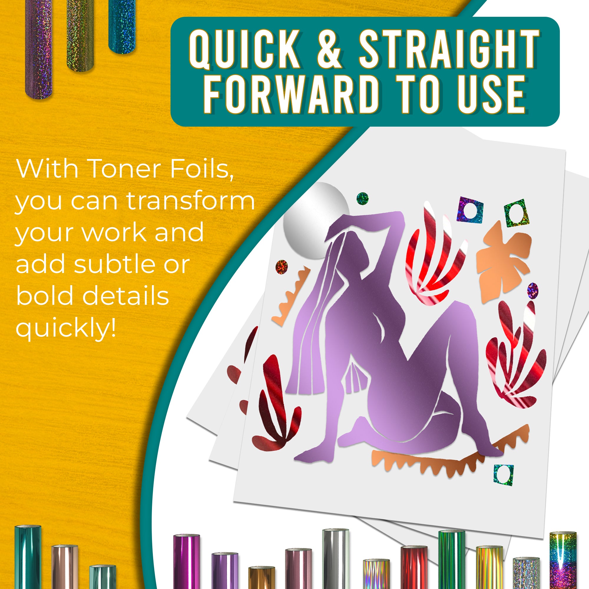 Pretty Things London holographic toner foil artwork promoting the Maker’s Mix bundle of 5 rolls, showing how toner foils quickly transform designs with bold, eye-catching shine.