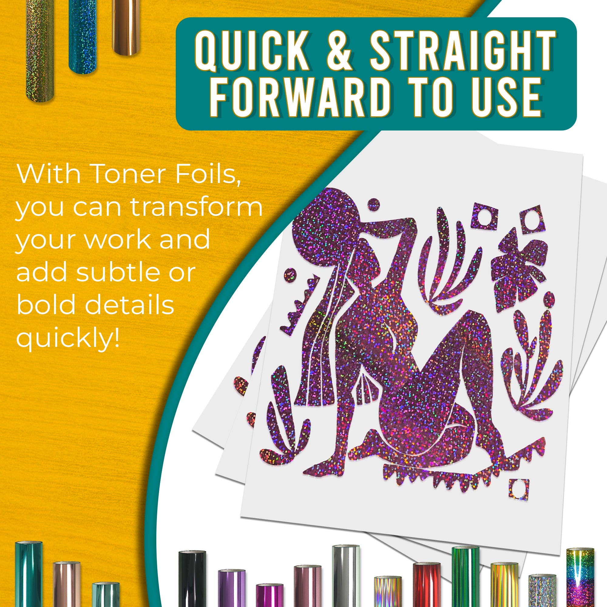 Pink glitter toner foil sample—subtle fleck finish with smooth coverage on artwork; quick foiling results.