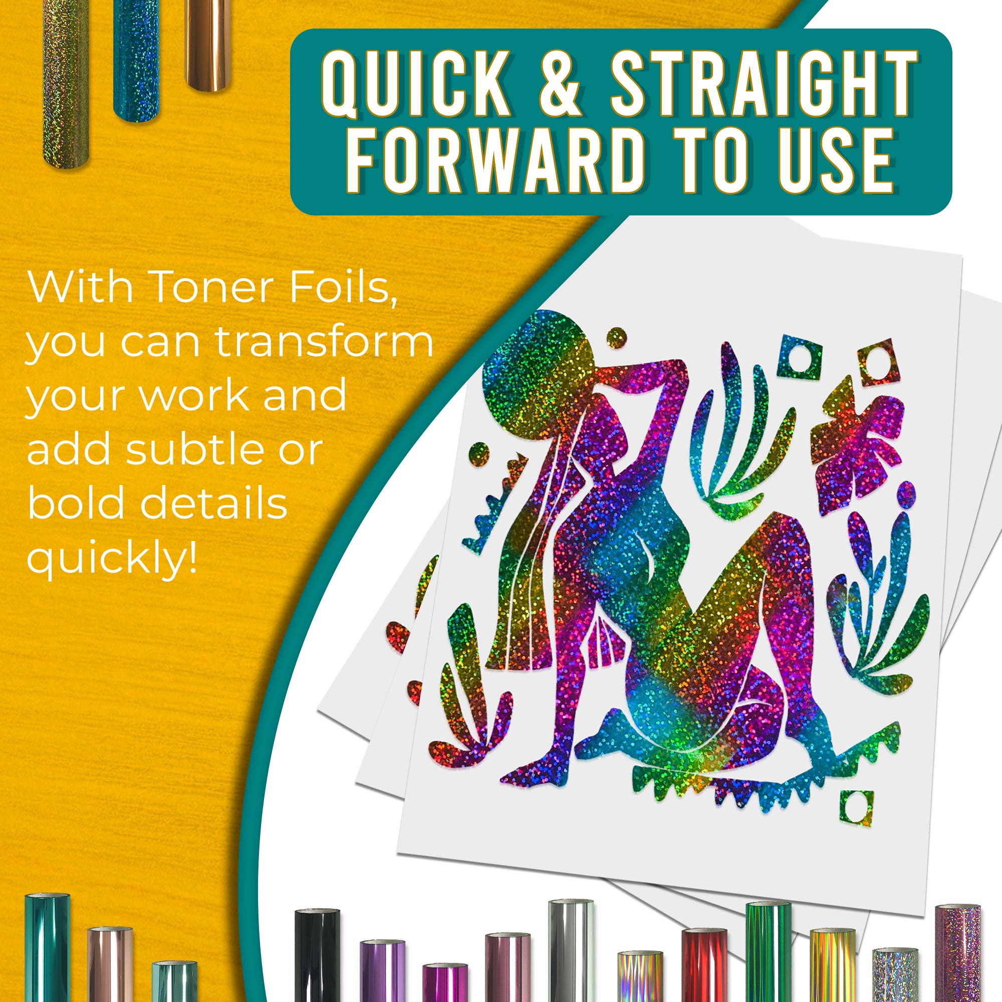 Rainbow glitter toner foil sample, multi-colour fleck finish with smooth coverage on artwork; quick foiling results.