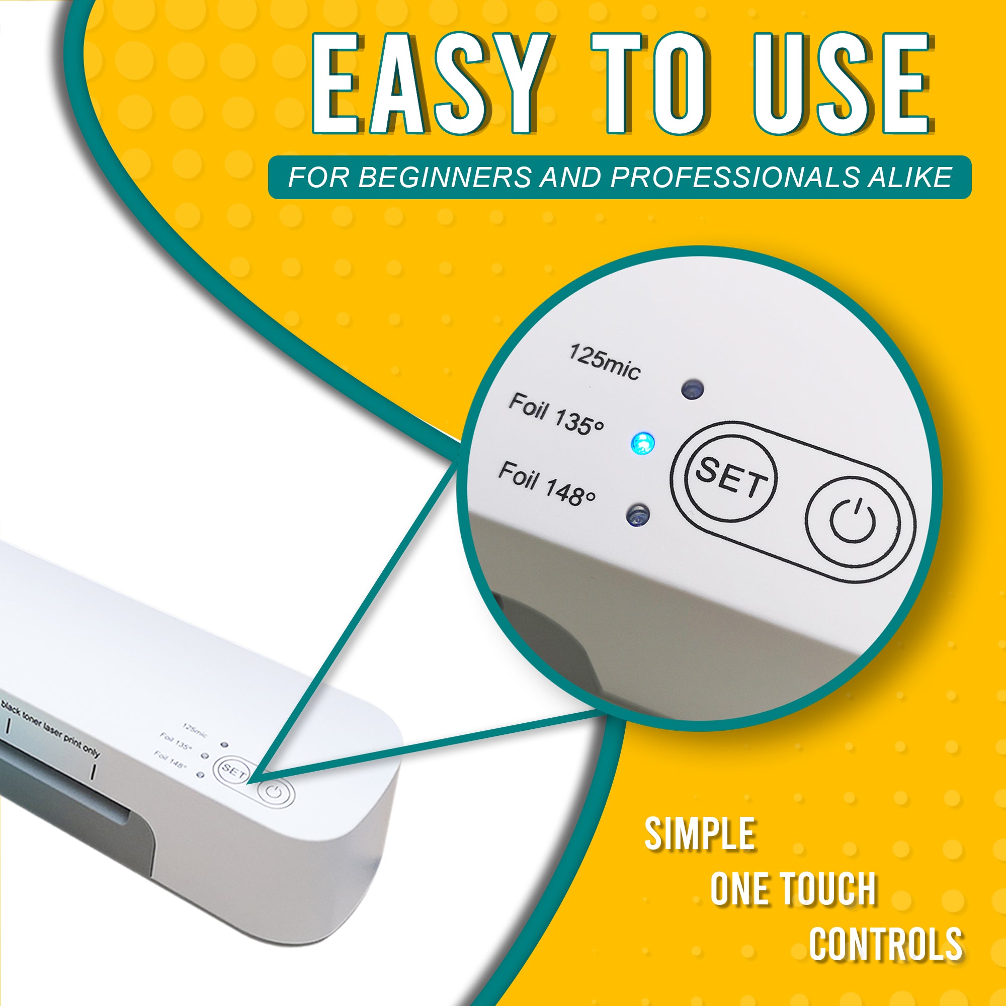 Close-up of the Precision Foil Pro machine's simple one-touch control settings for different foil temperatures, highlighting user-friendly features with the text 'Easy to Use for Beginners and Professionals Alike'.
