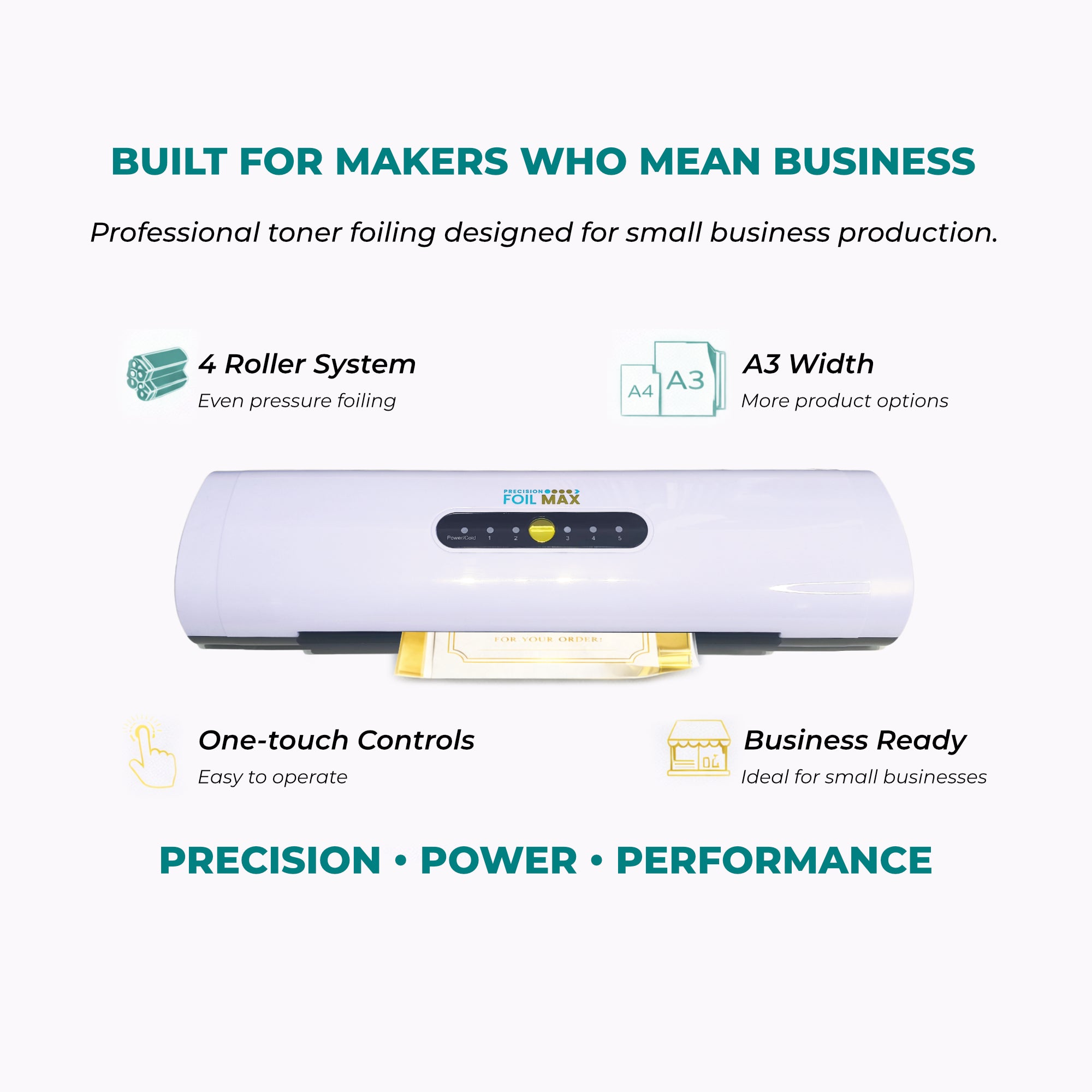 Foil Max toner foiling and laminating machine with features highlighted on a white background