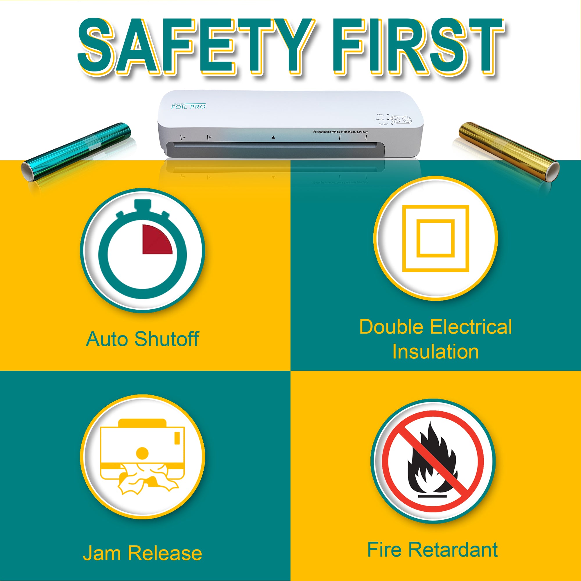 Precision Foil Pro machine with safety feature icons for auto shutoff, double electrical insulation, jam release, and fire retardant properties, with the text 'Safety First'.
