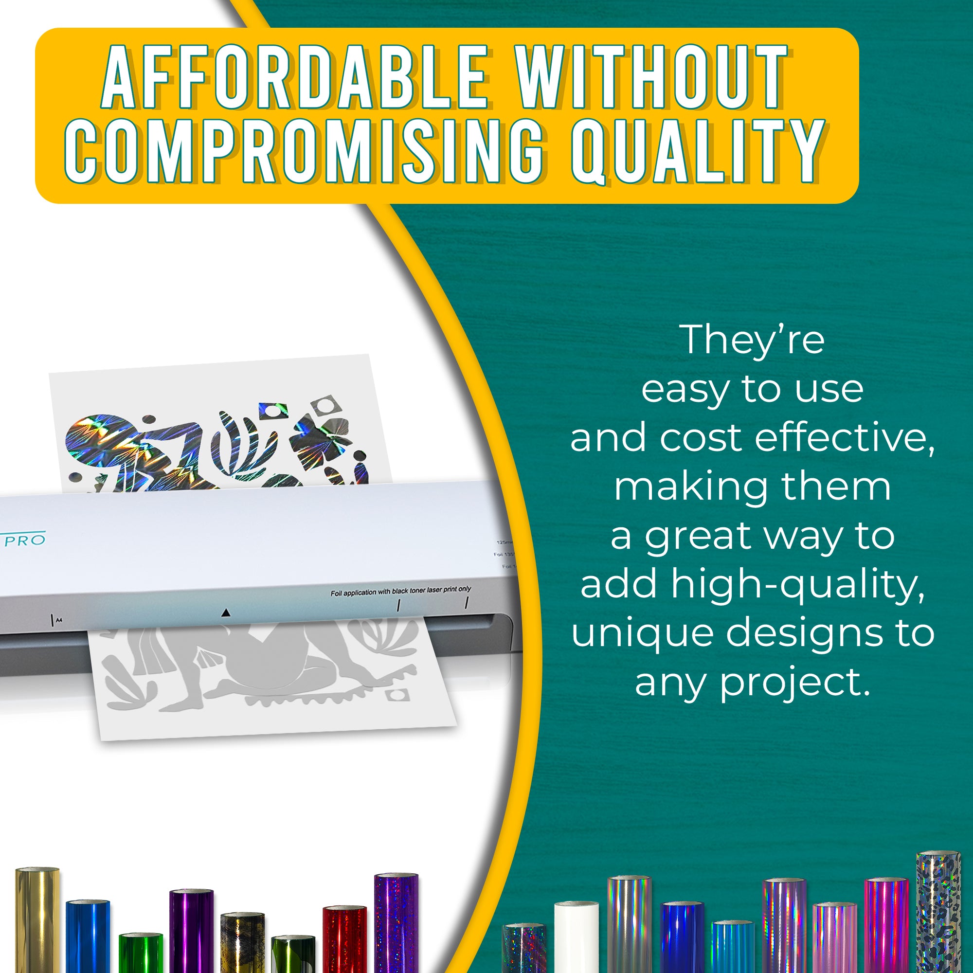 Affordable, high-quality Holographic Wheels toner reactive foil used with a foil machine. Clean, professional foiled designs for paper crafts