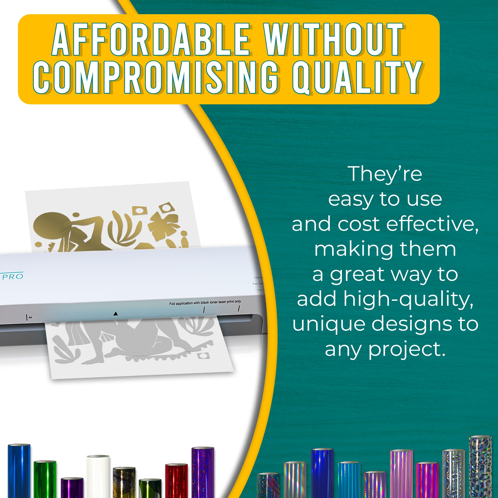 Affordable, high-quality Metallic Light Gold toner reactive foil used with a foil machine. Clean, professional foiled designs for paper crafts