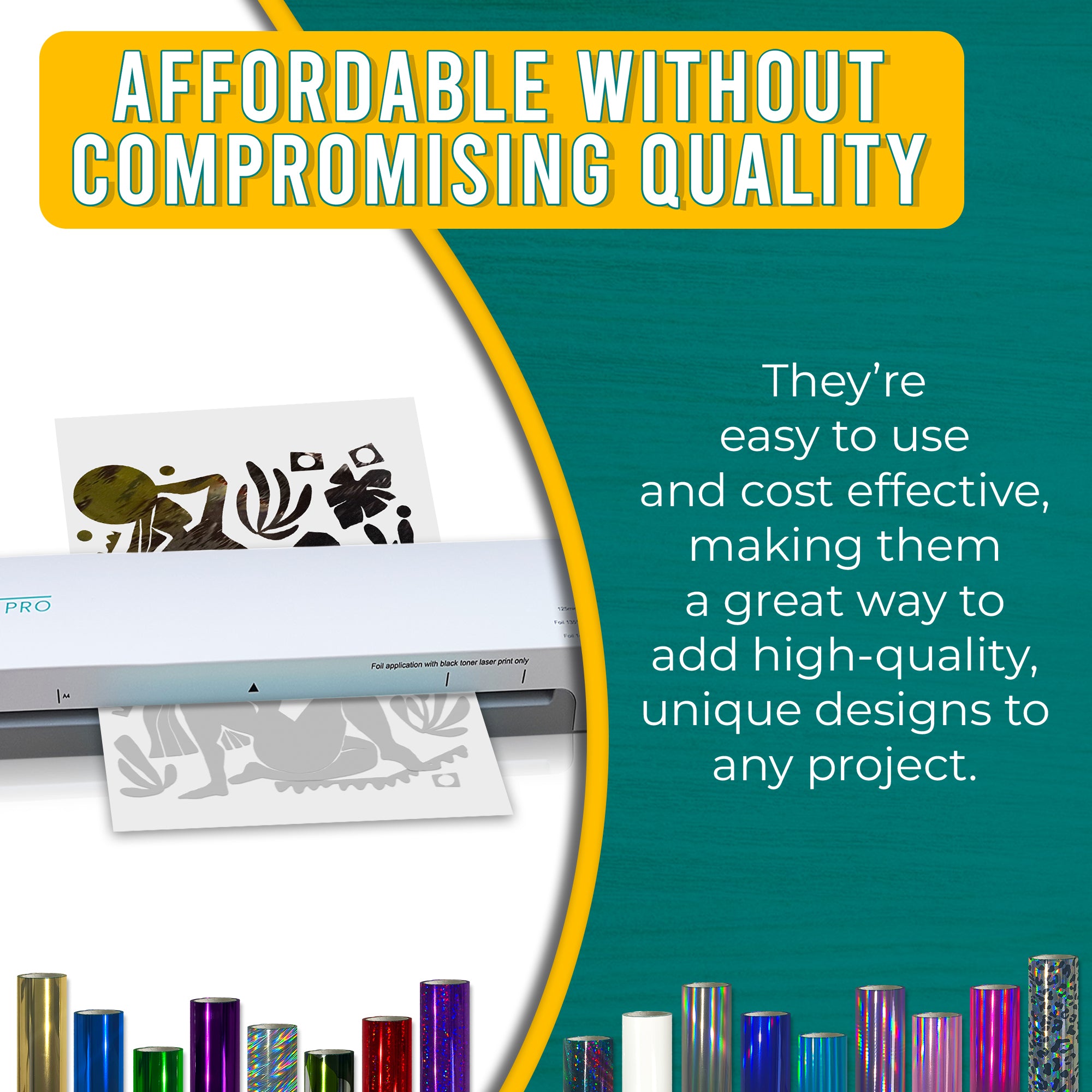 Metallic Reptallic toner foil example print, smooth, bold coverage on silhouette artwork; quick, straightforward foiling results