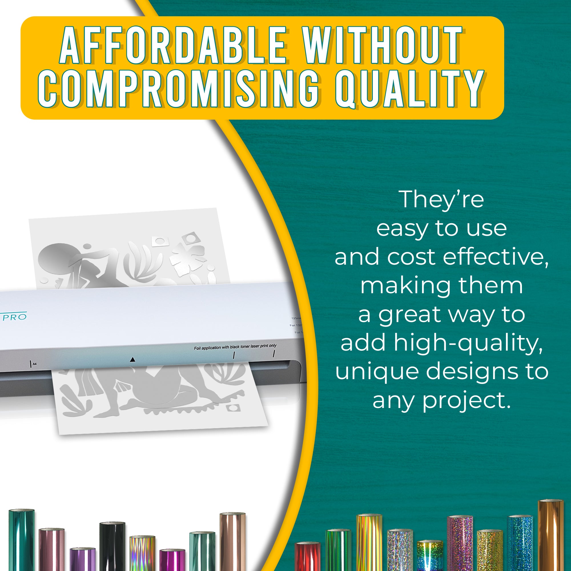 Affordable, high-quality Metallic Silver toner reactive foil used with a foil machine. Clean, professional foiled designs for paper crafts