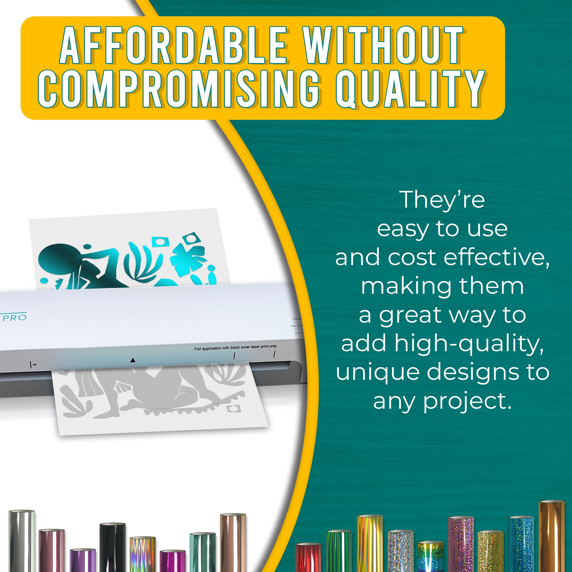 Affordable, high-quality Metallic Teal toner reactive foil used with a foil machine. Clean, professional foiled designs for paper crafts