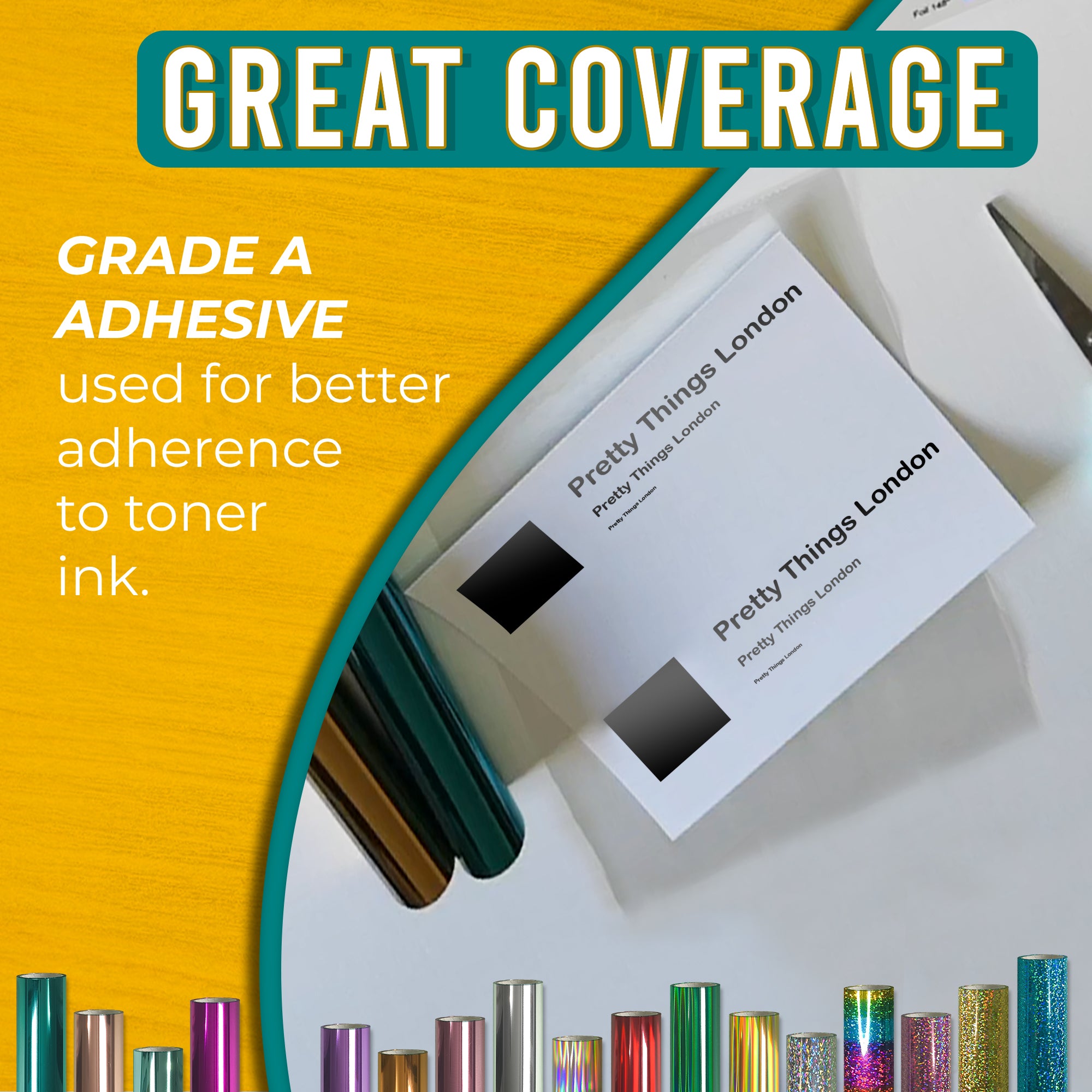 Grade-A adhesive Black Gloss toner foil showing crisp, solid coverage on business cards—reliable transfer to toner ink
