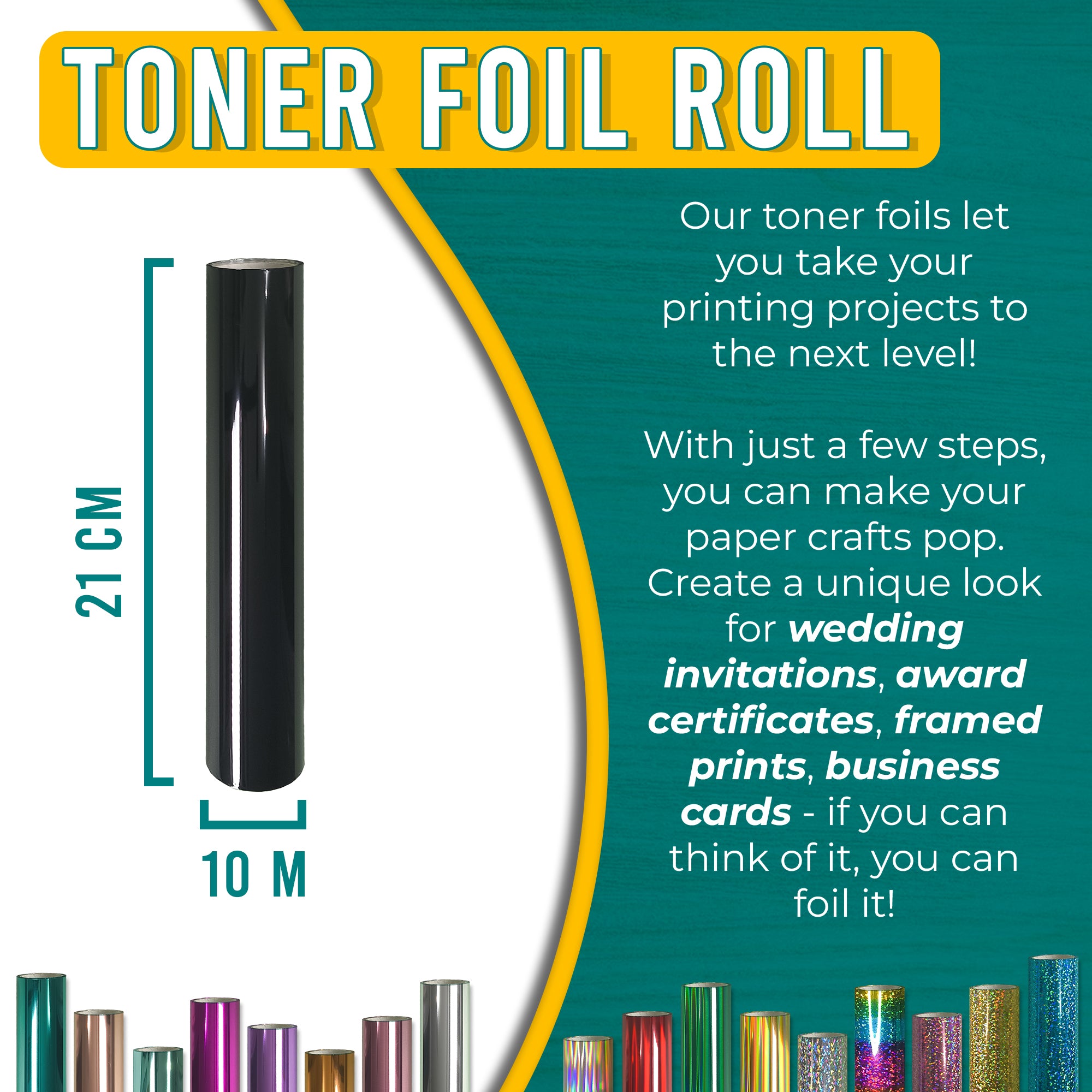 Black toner foil 21 cm × 10 m for wedding invitations, certificates, framed prints & business cards—laser-toner reactive.