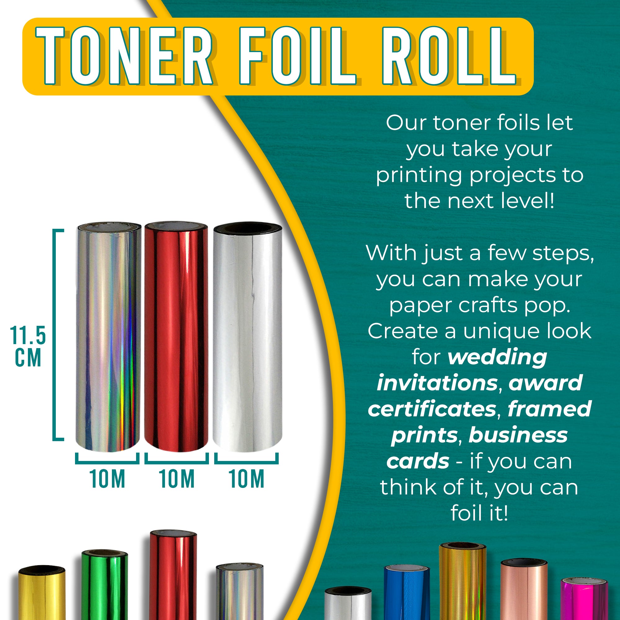 Graphic of a Holographic Silver, Metallic Red and Silver toner foil roll measuring 11.5 cm by 10 m. Text explains how the stunning Holographic Silver, Metallic Red and Silver foil can enhance printing projects, adding a dynamic and modern touch to wedding invitations, award certificates, framed prints, and business cards.