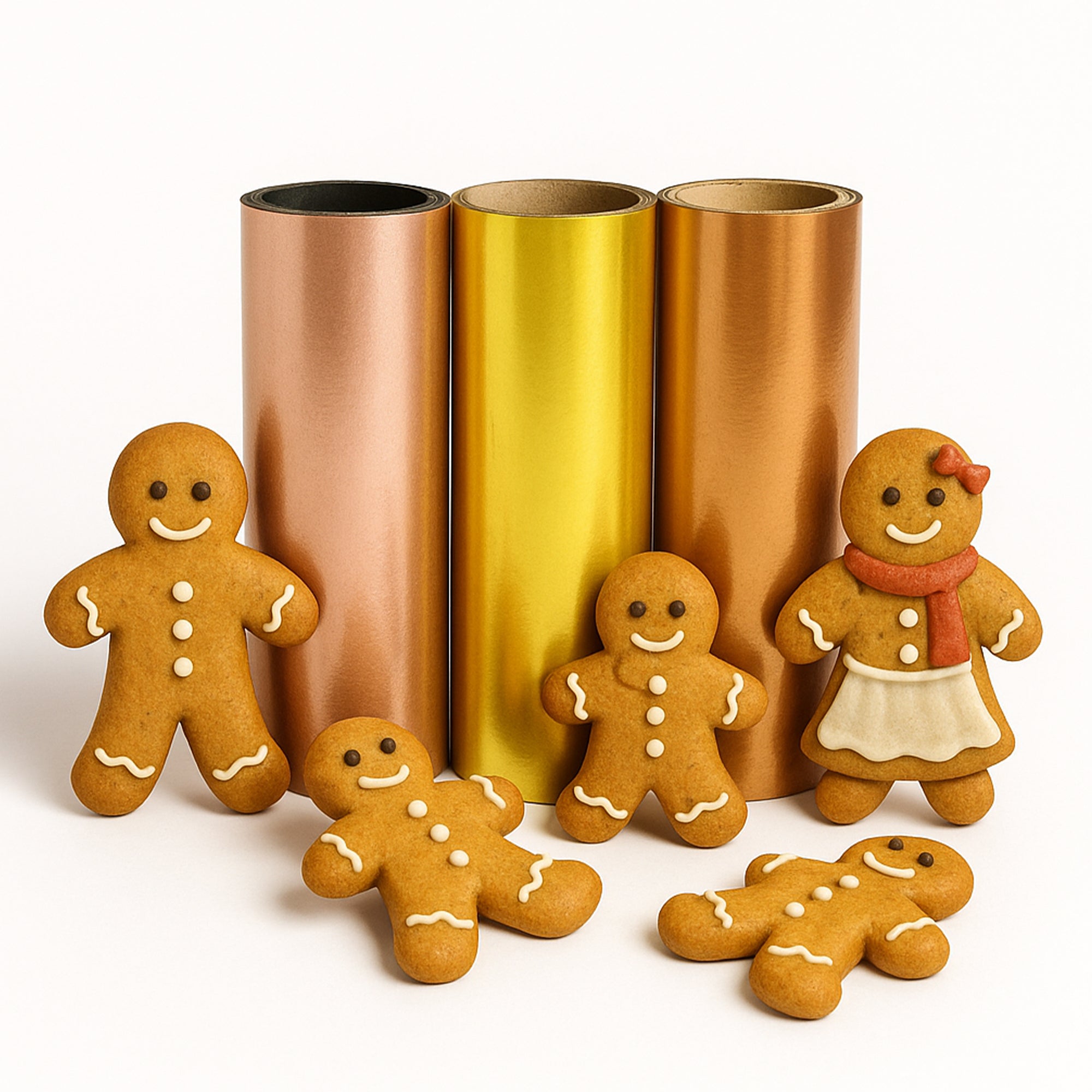 Three toner-foil rolls—rose gold, metallic gold and copper—displayed with smiling gingerbread biscuits on a white background.