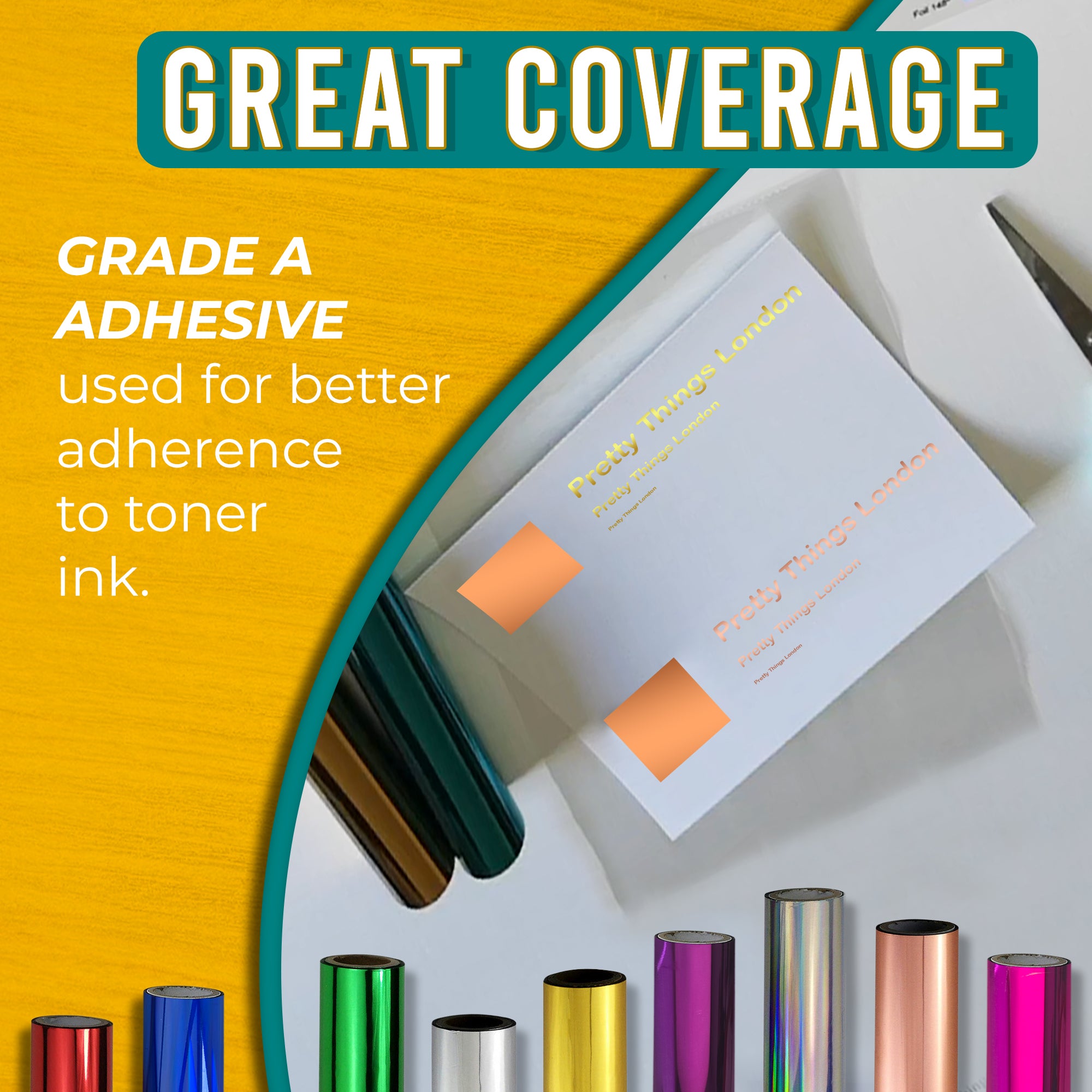 Graphic highlighting the excellent coverage of Rose Gold, Gold & Copper toner foil using Grade A adhesive for strong adherence to toner ink. Includes an image of a business card with striking Rose Gold, Gold & Copper foil accents.