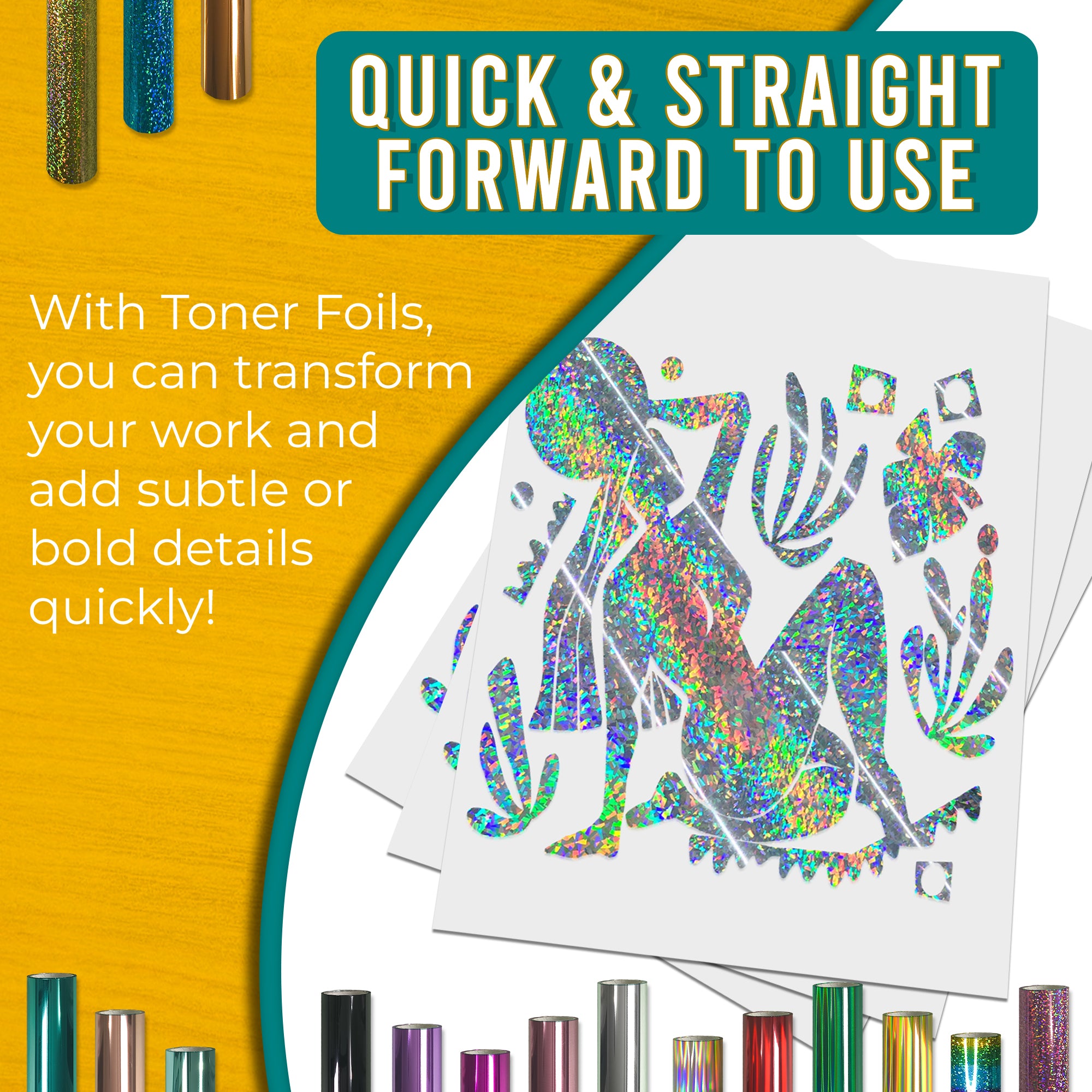 Glitter Silver toner foil example print, smooth, bold coverage on silhouette artwork; quick, straightforward foiling results