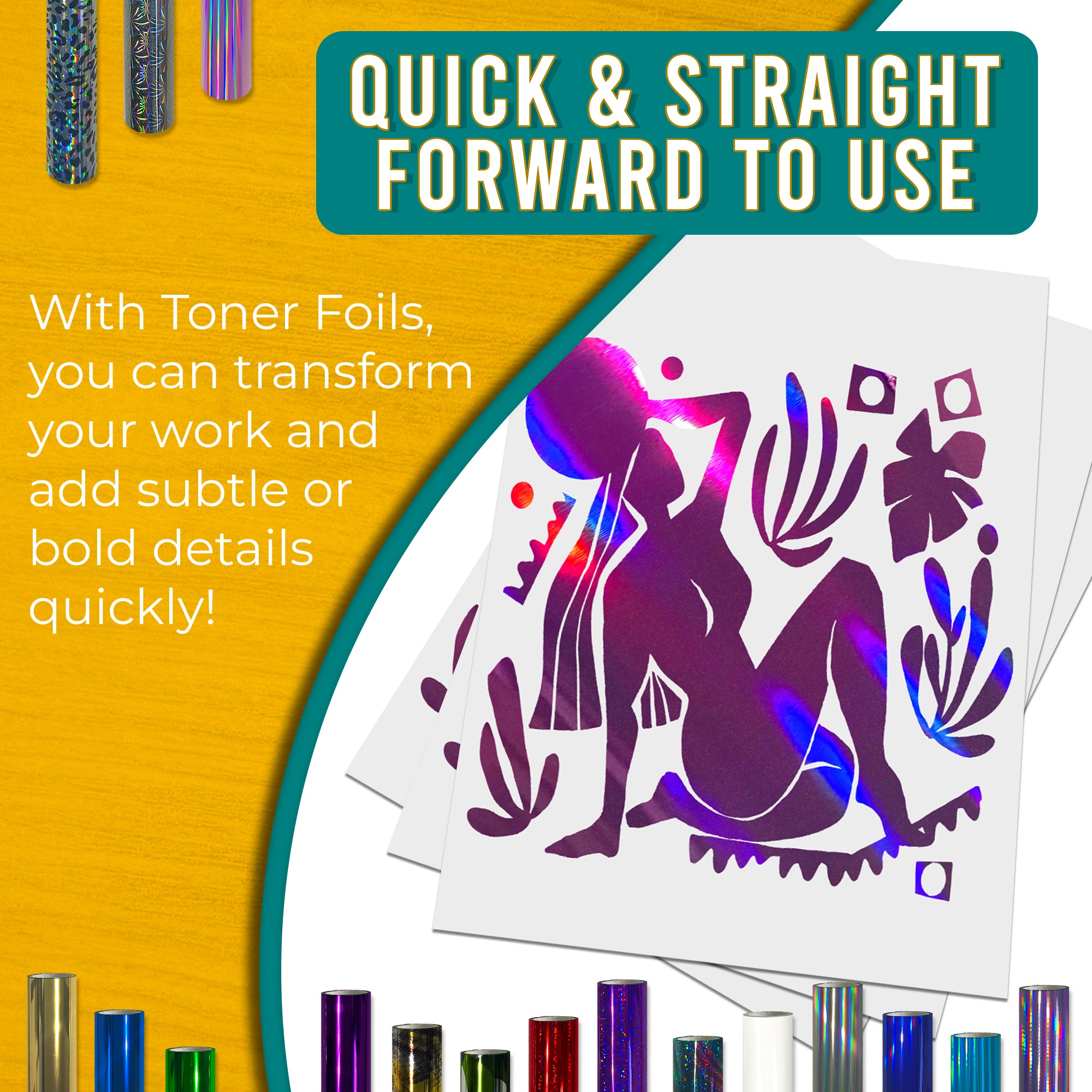 Holographic Fuchsia toner foil example print, smooth, bold coverage on silhouette artwork; quick, straightforward foiling results