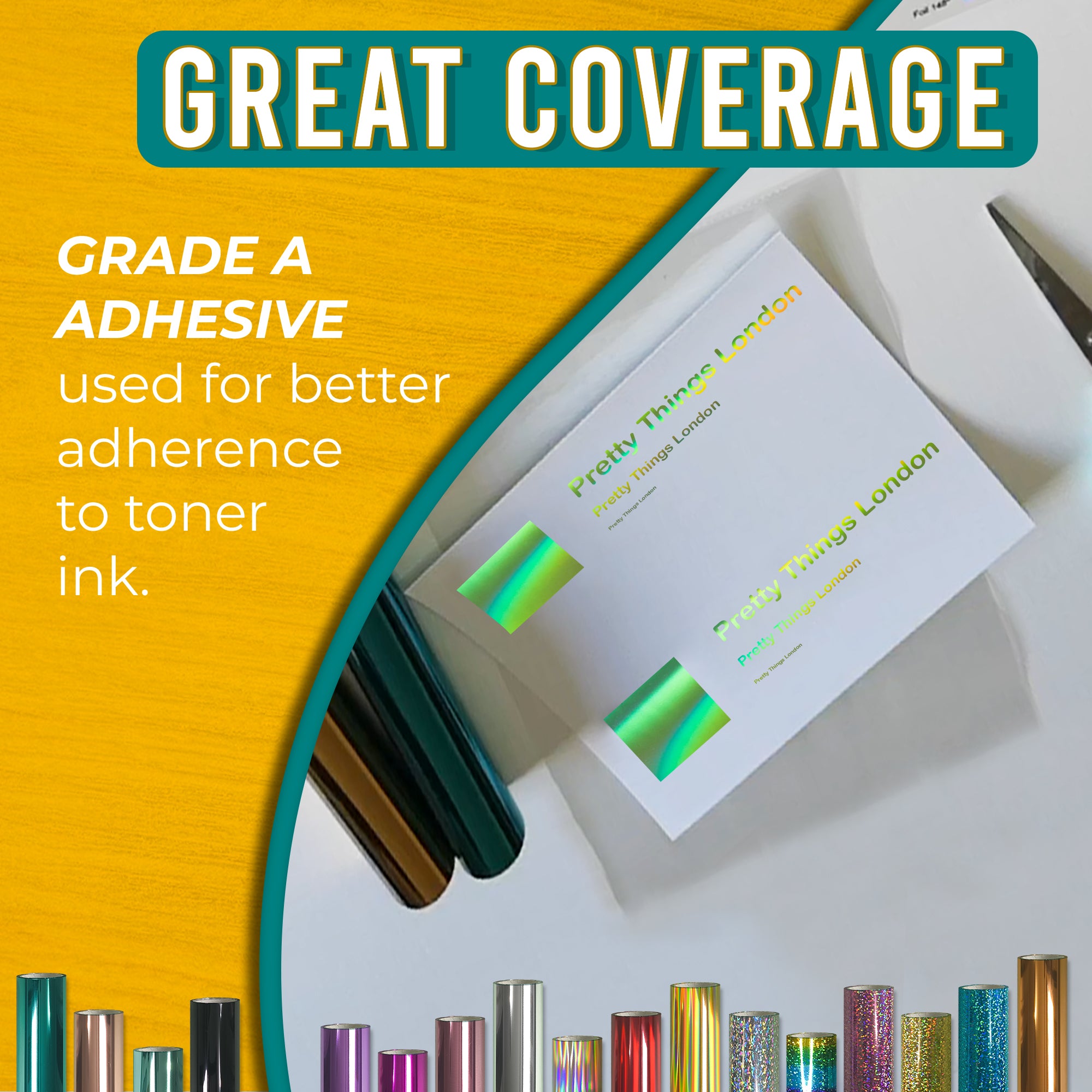 Grade-A adhesive Holographic Green toner foil showing crisp, solid coverage on business cards—reliable transfer to toner ink