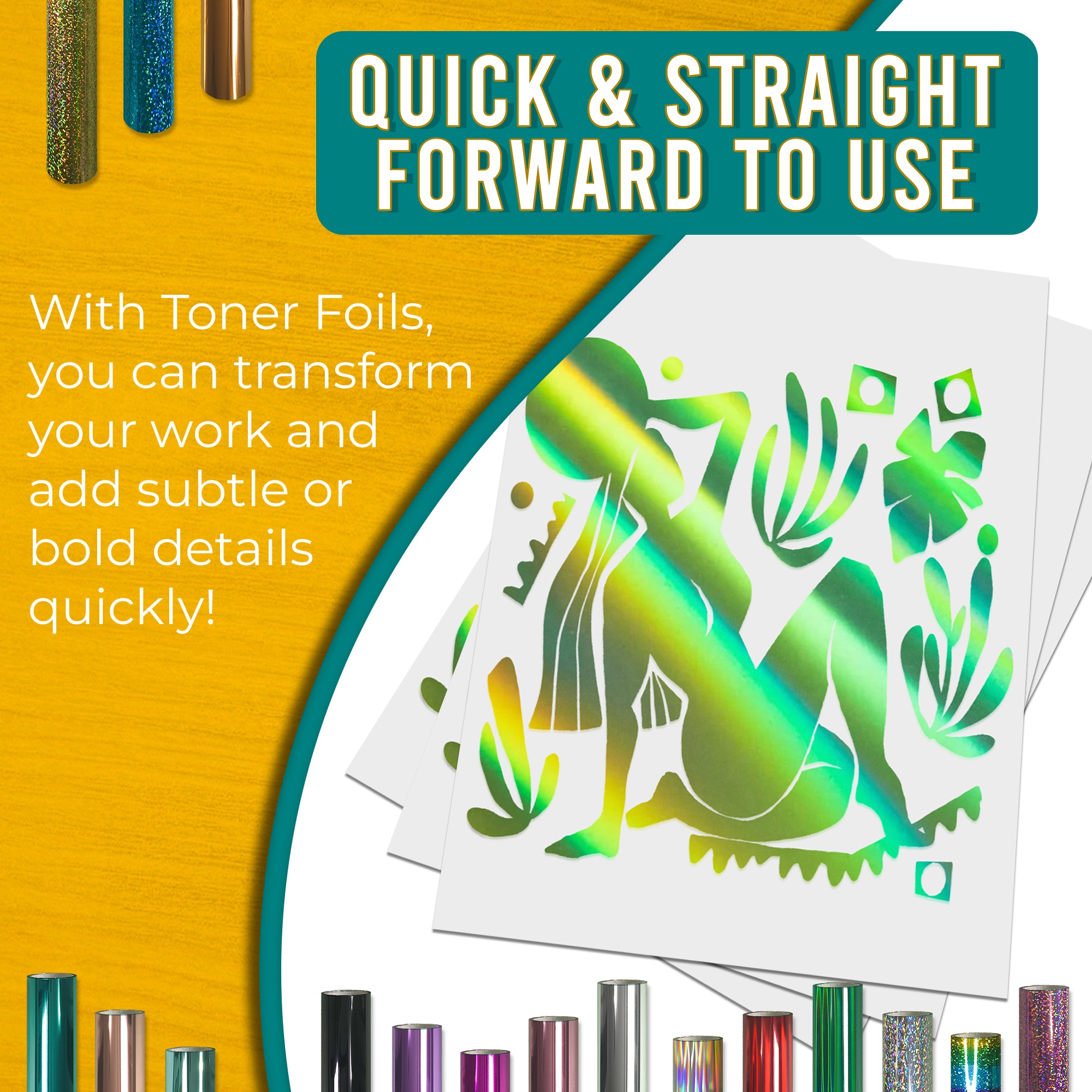 Holographic Green toner foil example print, smooth, bold coverage on silhouette artwork; quick, straightforward foiling results