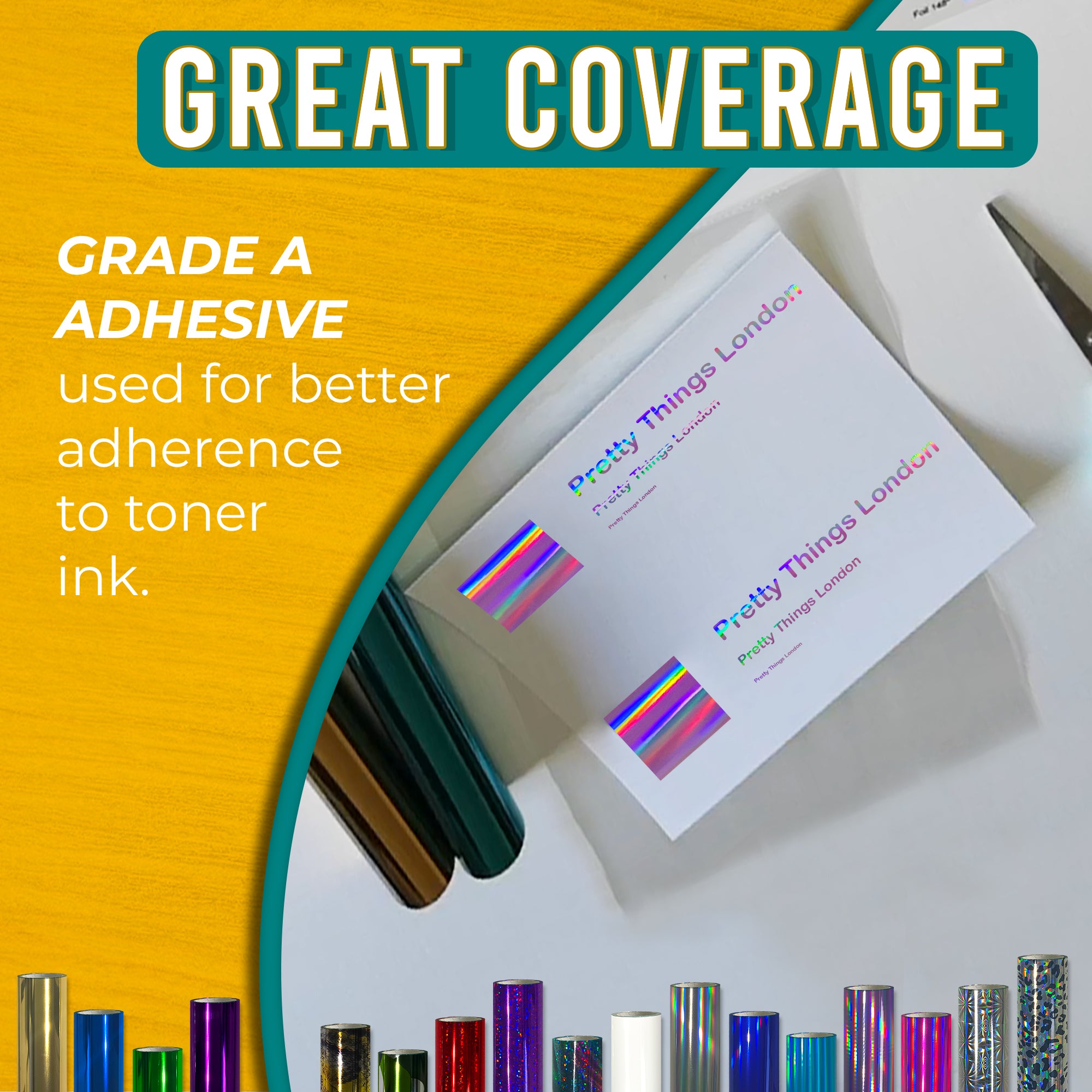 Grade-A adhesive Holographic Light Pink toner foil showing crisp, solid coverage on business cards—reliable transfer to toner ink
