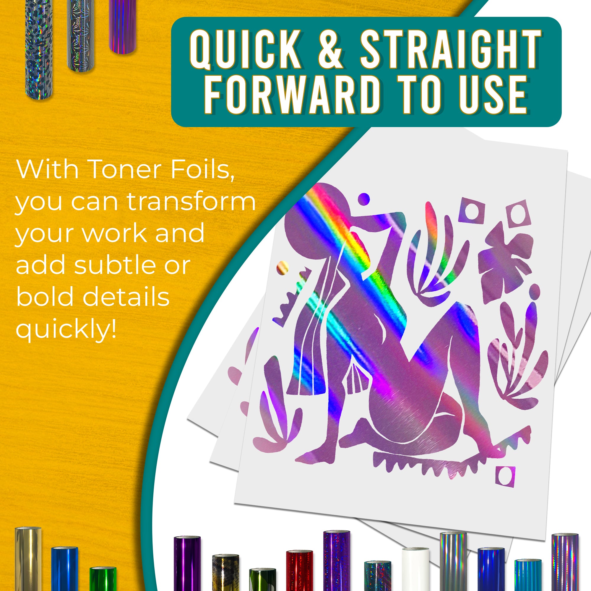 Holographic Light Pink toner foil example print, smooth, bold coverage on silhouette artwork; quick, straightforward foiling results