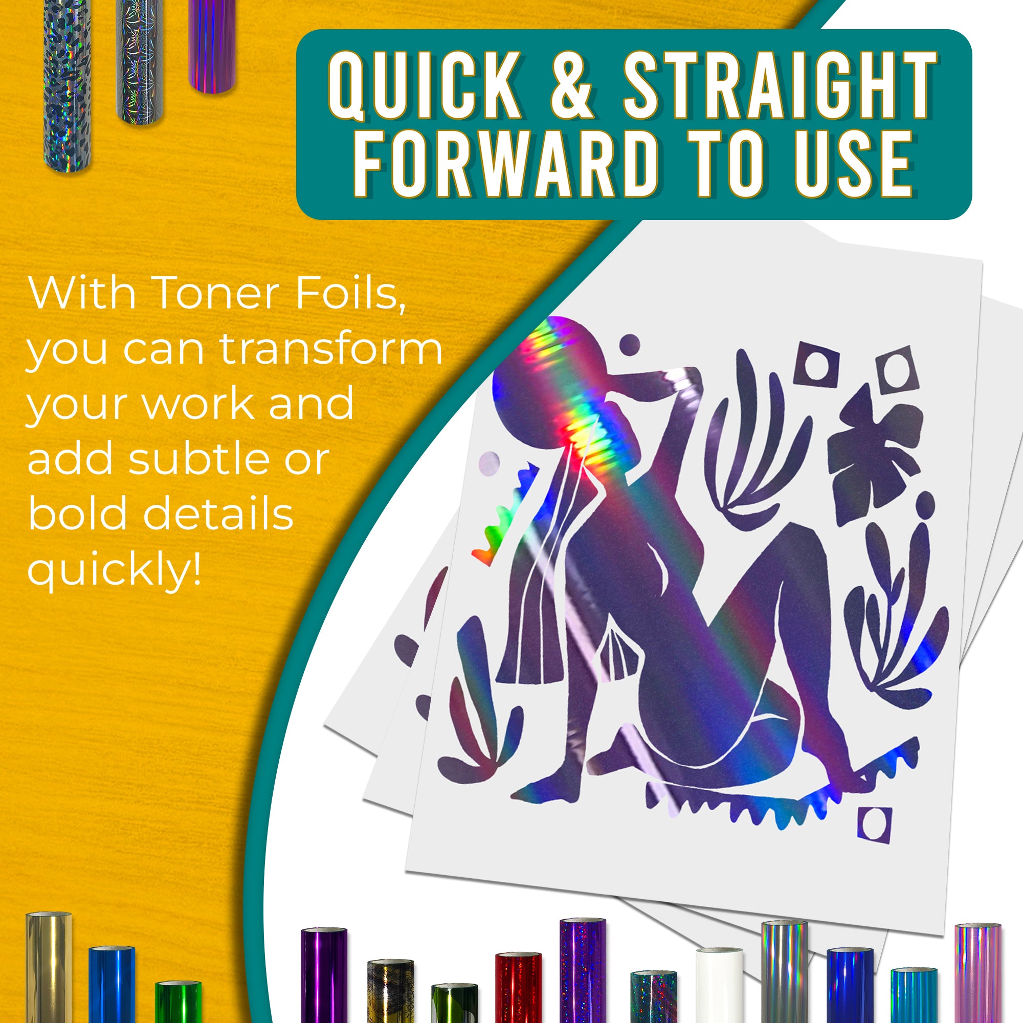 Holographic Lilac toner foil example print, smooth, bold coverage on silhouette artwork; quick, straightforward foiling results