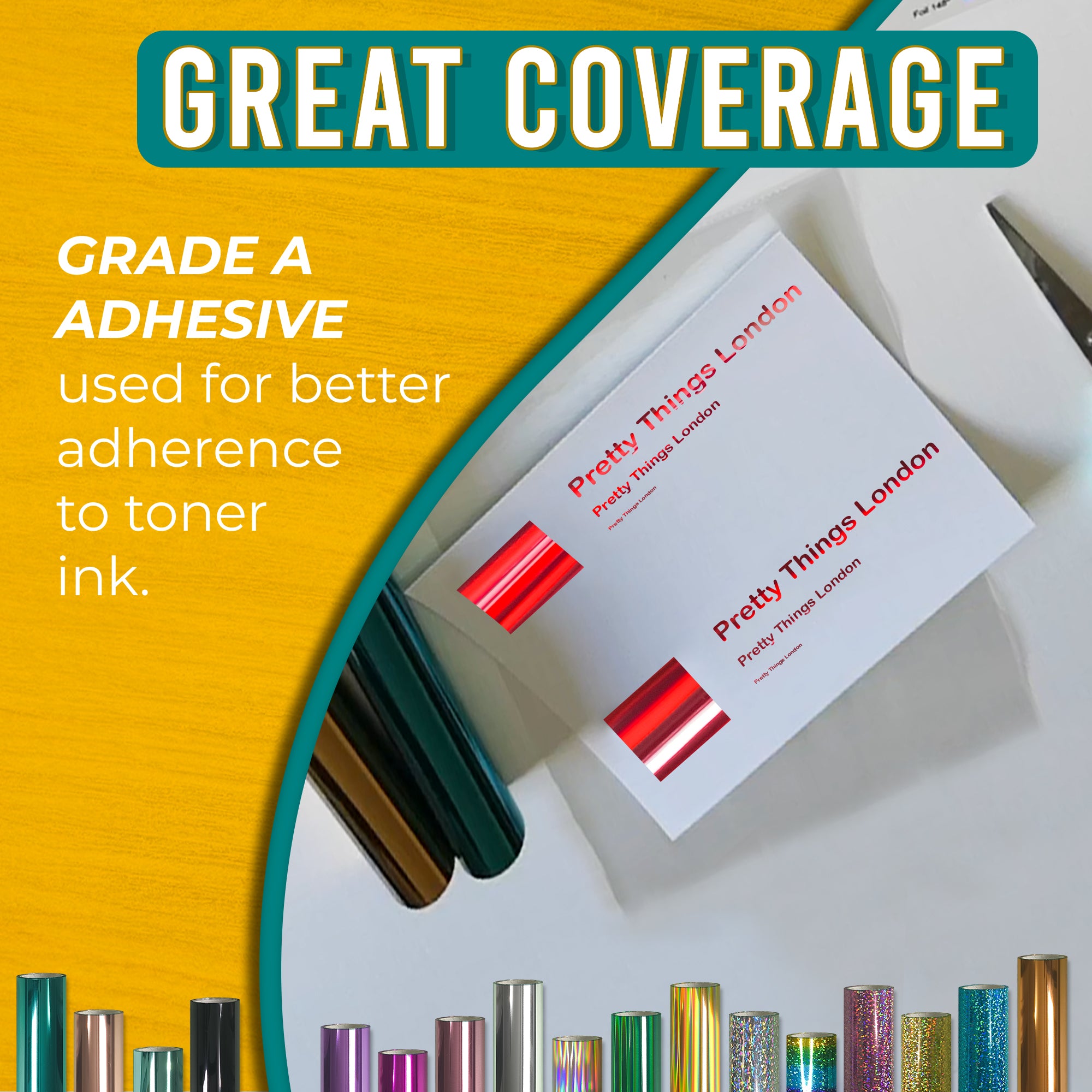 Grade-A adhesive Holographic Red toner foil showing crisp, solid coverage on business cards—reliable transfer to toner ink