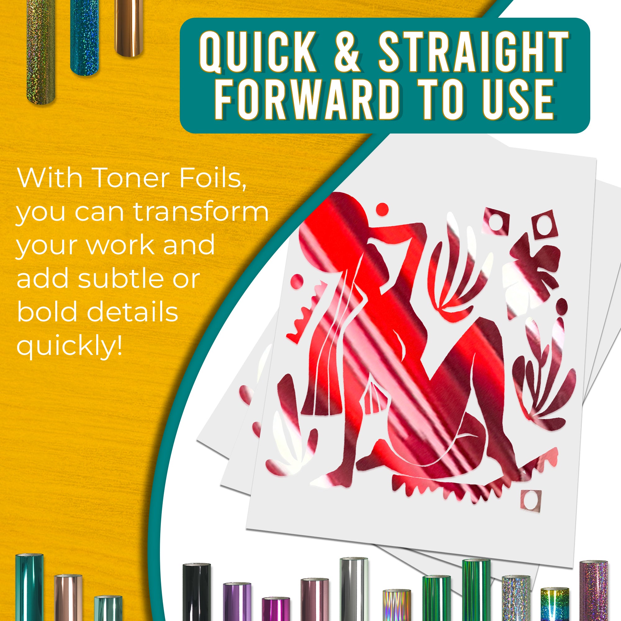 Holographic Red toner foil example print, smooth, bold coverage on silhouette artwork; quick, straightforward foiling results