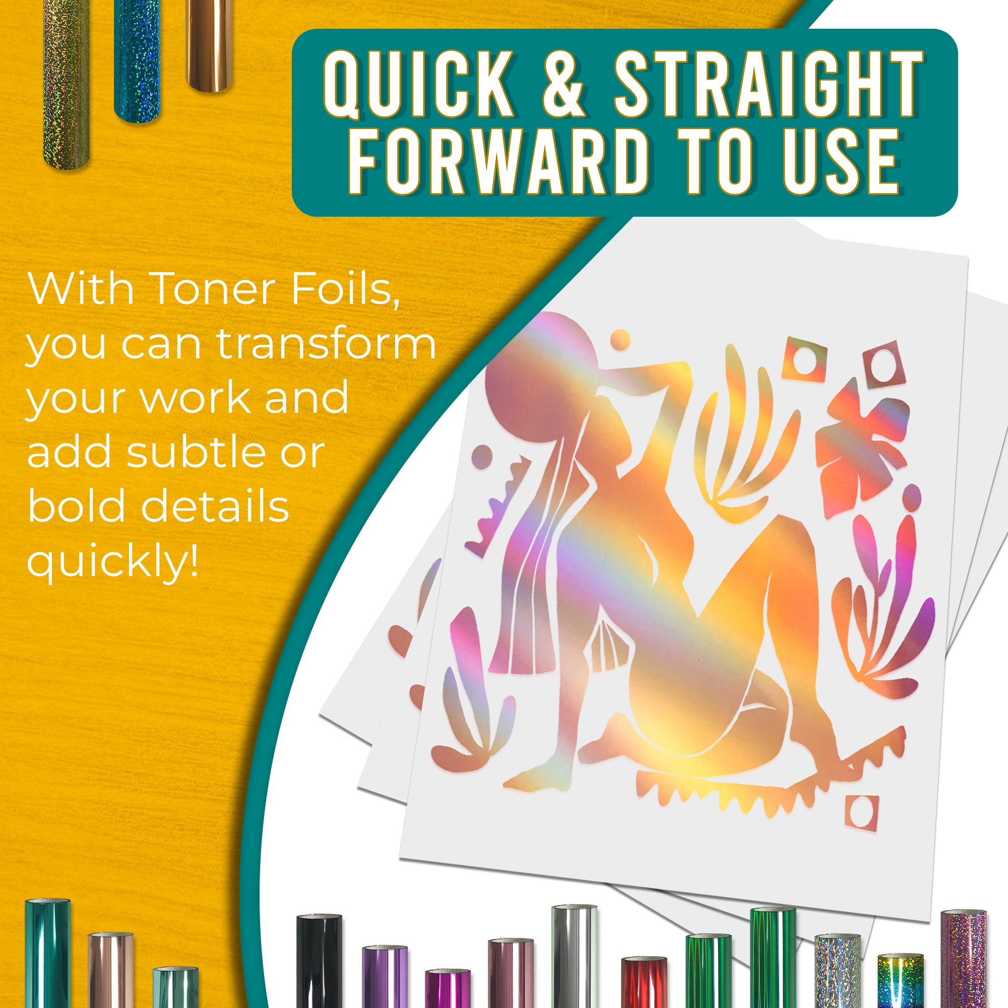 Holographic Rose Gold toner foil example print, smooth, bold coverage on silhouette artwork; quick, straightforward foiling results