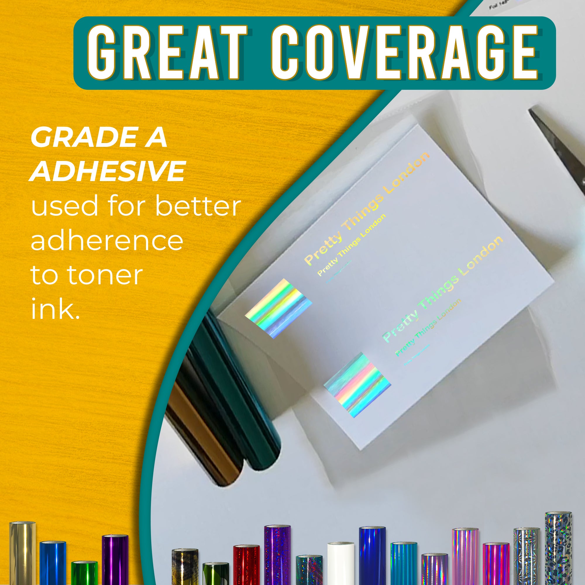 Grade-A adhesive Holographic Silver toner foil showing crisp, solid coverage on business cards—reliable transfer to toner ink