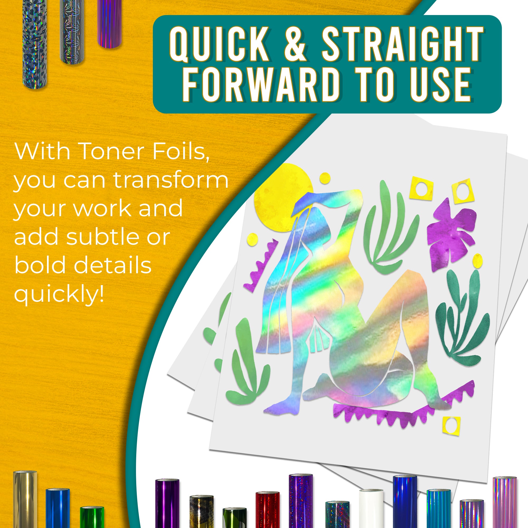 Holographic Silver toner foil example print, smooth, bold coverage on silhouette artwork; quick, straightforward foiling results