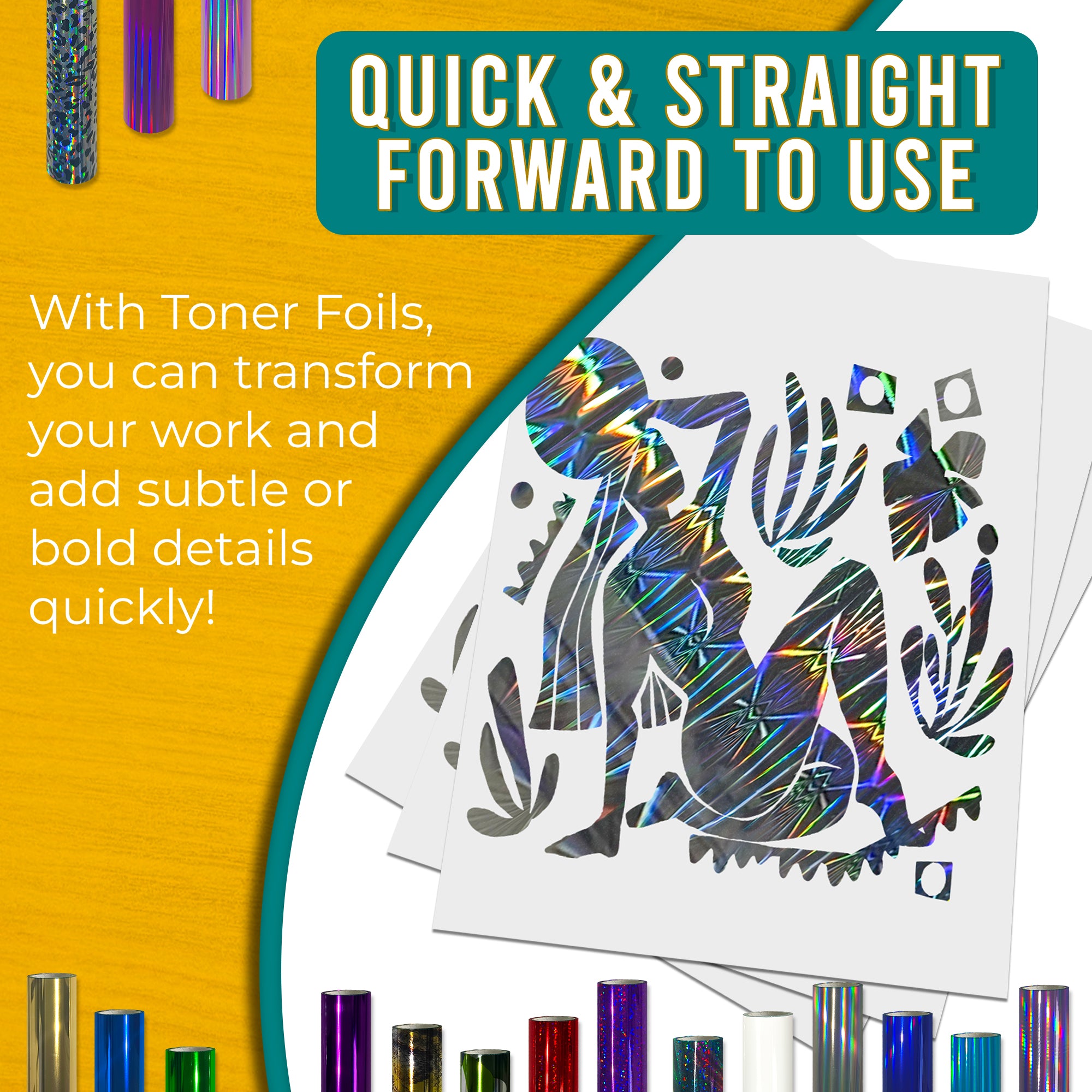 Holographic Wheels toner foil example print, smooth, bold coverage on silhouette artwork; quick, straightforward foiling results