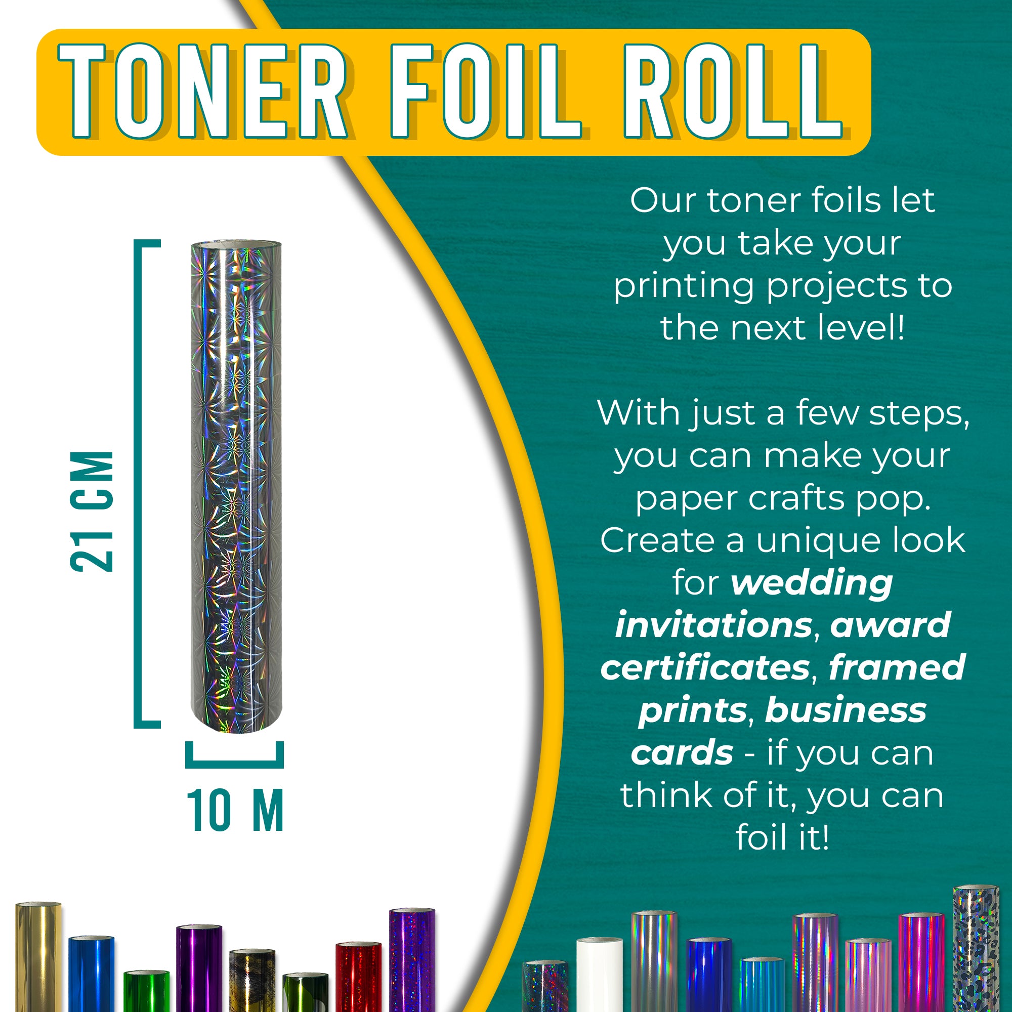 Holographic Wheels toner foil 21 cm × 10 m for wedding invitations, certificates, framed prints & business cards—laser-toner reactive.