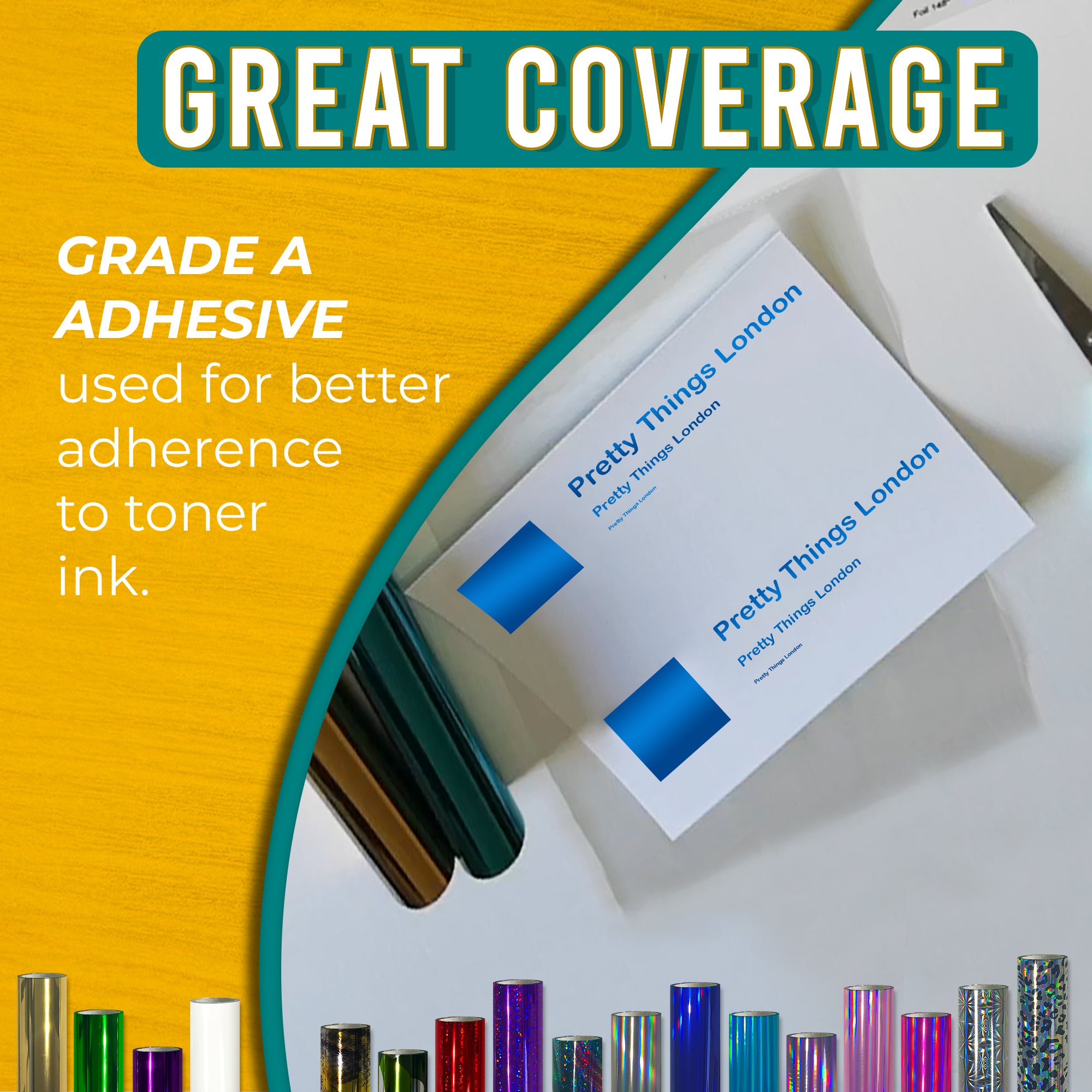 Grade-A adhesive Metallic Blue toner foil showing crisp, solid coverage on business cards—reliable transfer to toner ink