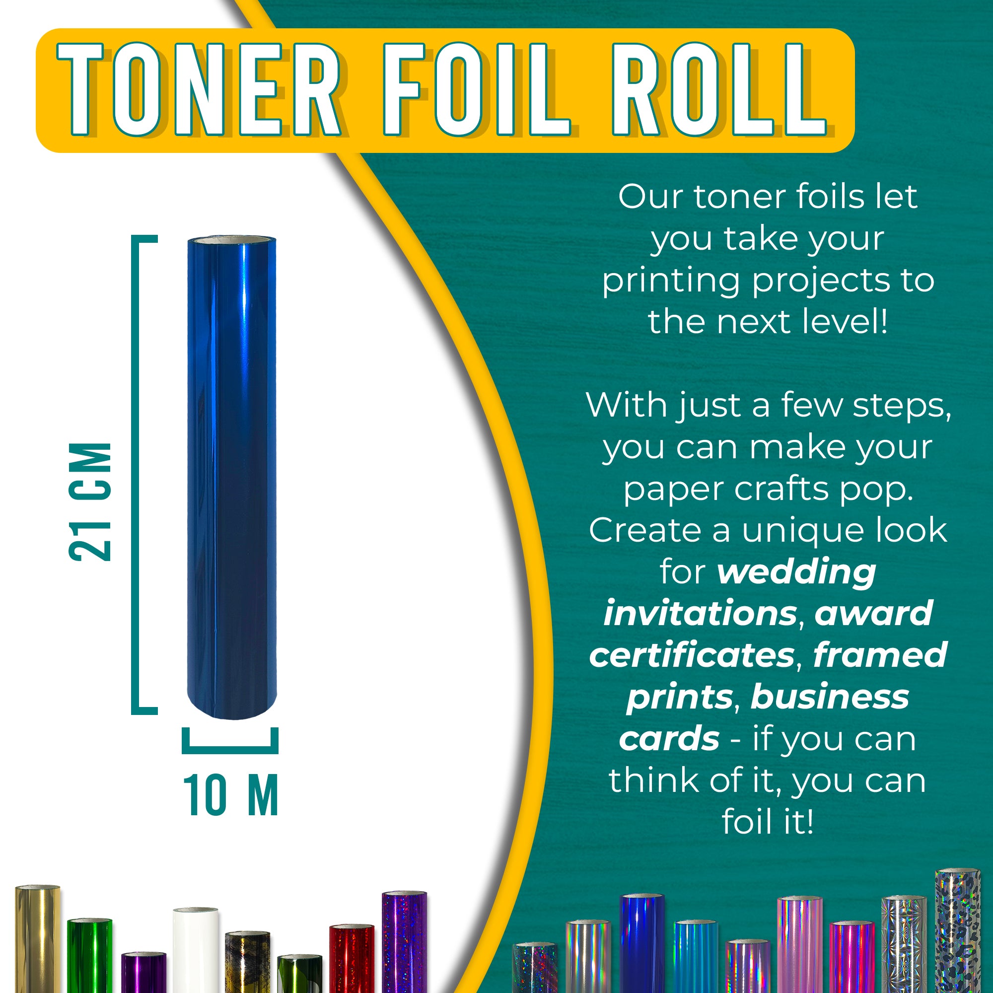 Metallic Blue toner foil 21 cm × 10 m for wedding invitations, certificates, framed prints & business cards—laser-toner reactive.