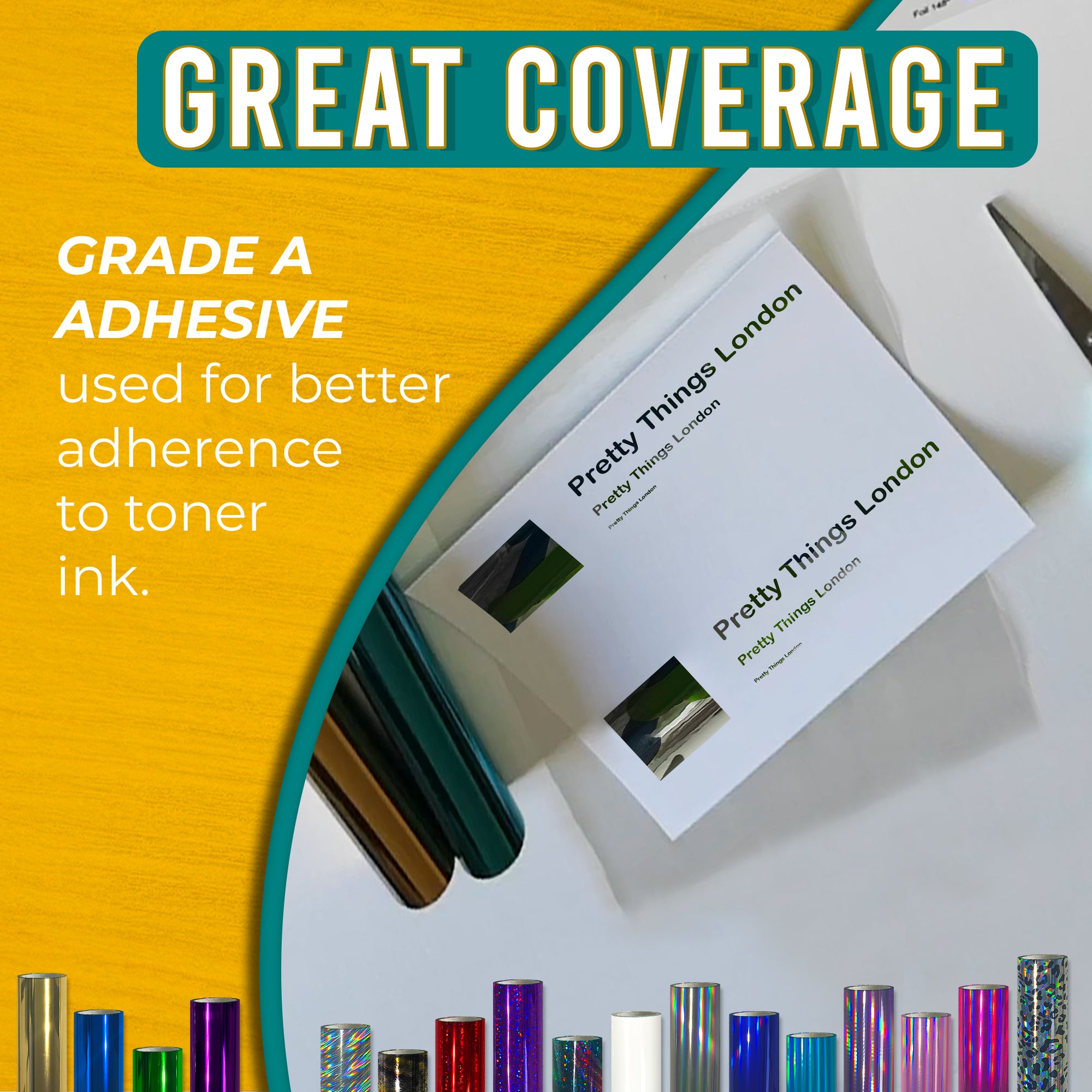 Grade-A adhesive Metallic Camo toner foil showing crisp, solid coverage on business cards—reliable transfer to toner ink