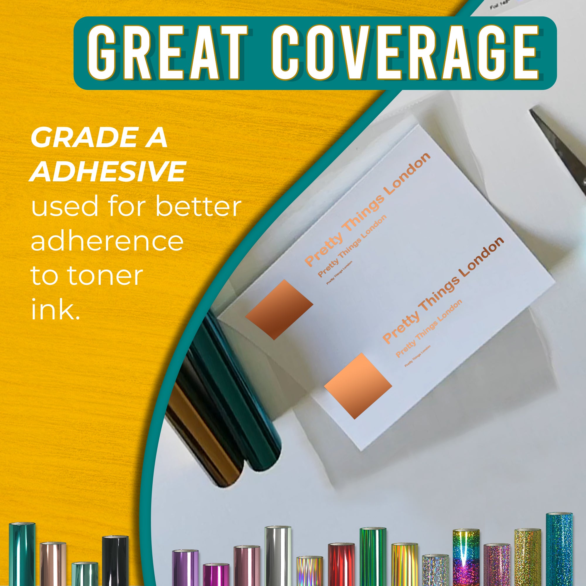 Grade-A adhesive Metallic Copper toner foil showing crisp, solid coverage on business cards—reliable transfer to toner ink