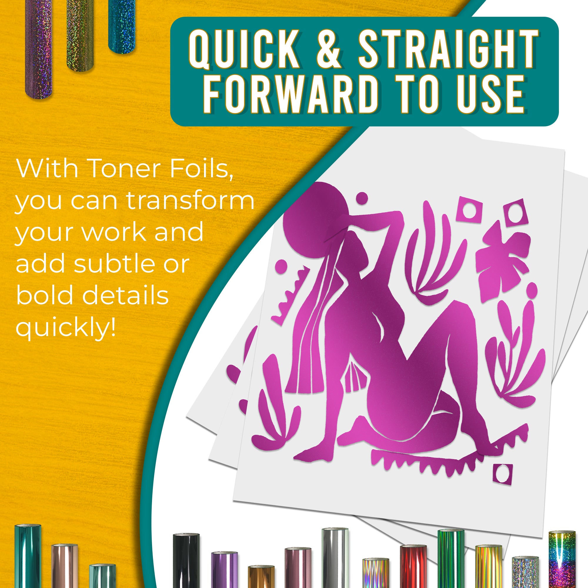 Metallic Fuschia toner foil example print, smooth, bold coverage on silhouette artwork; quick, straightforward foiling results