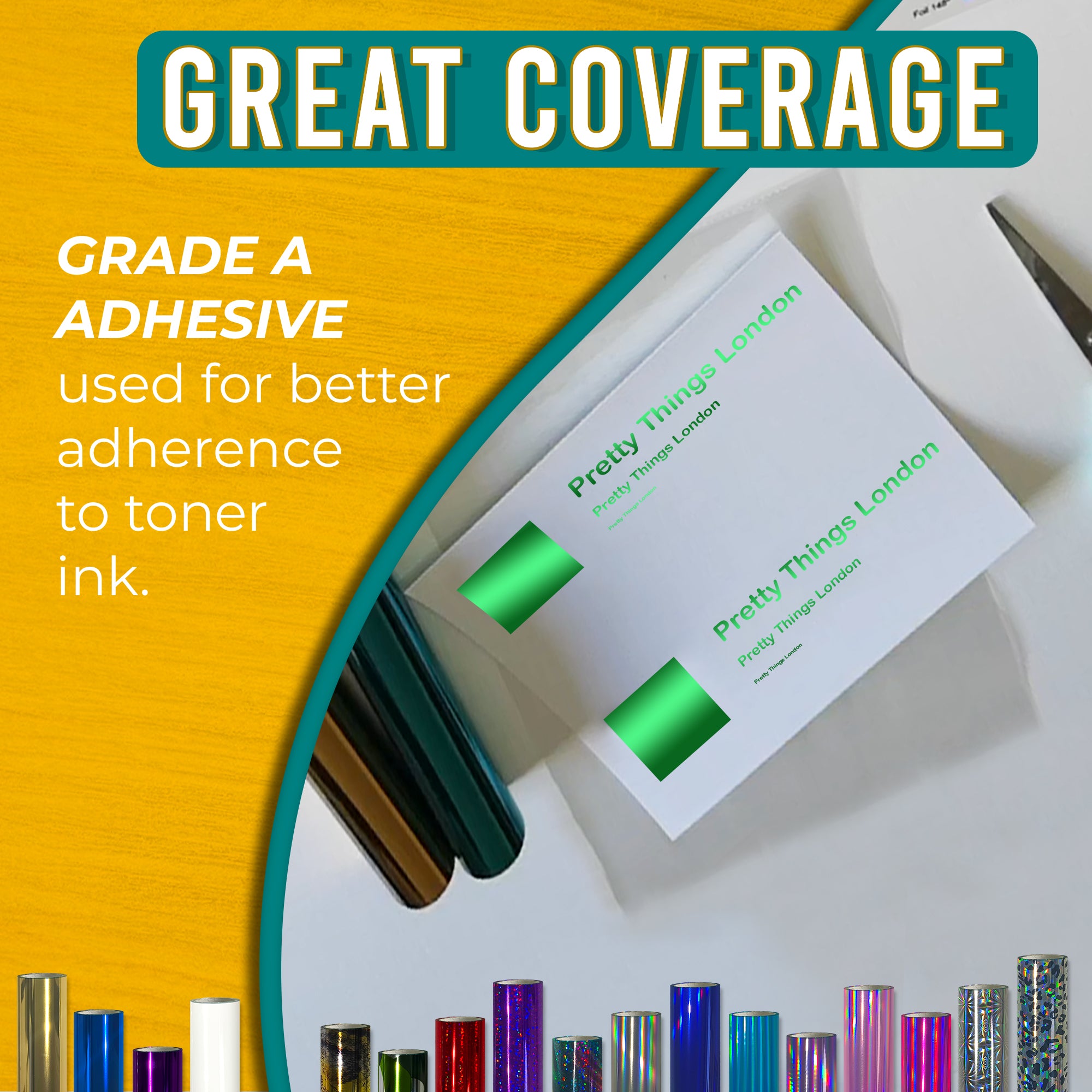 Grade-A adhesive Metallic Green toner foil showing crisp, solid coverage on business cards—reliable transfer to toner ink
