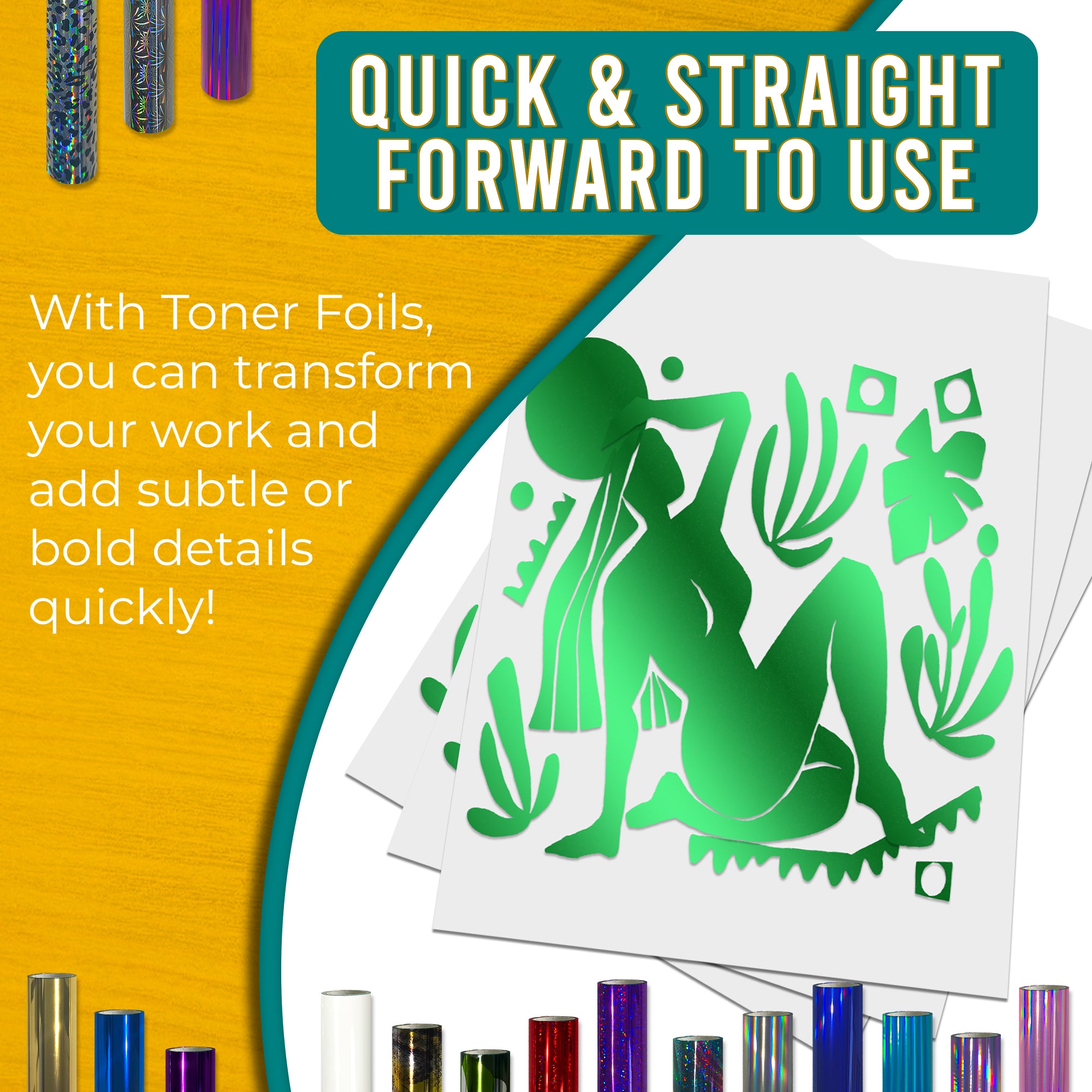 Metallic Green toner foil example print, smooth, bold coverage on silhouette artwork; quick, straightforward foiling results