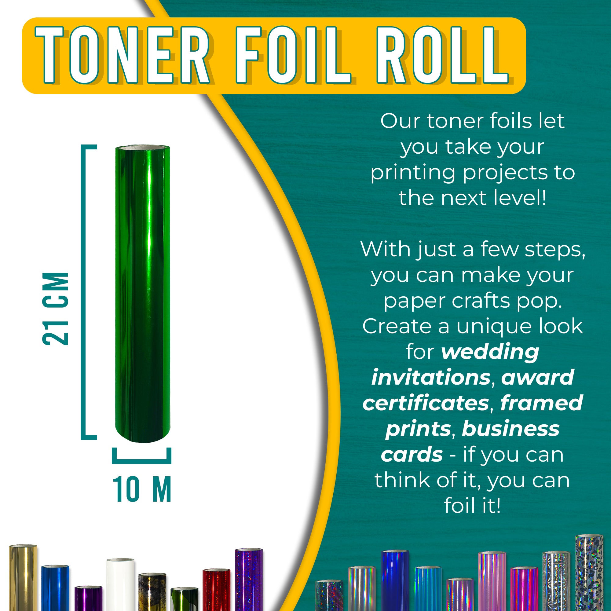 Metallic Green toner foil 21 cm × 10 m for wedding invitations, certificates, framed prints & business cards—laser-toner reactive.