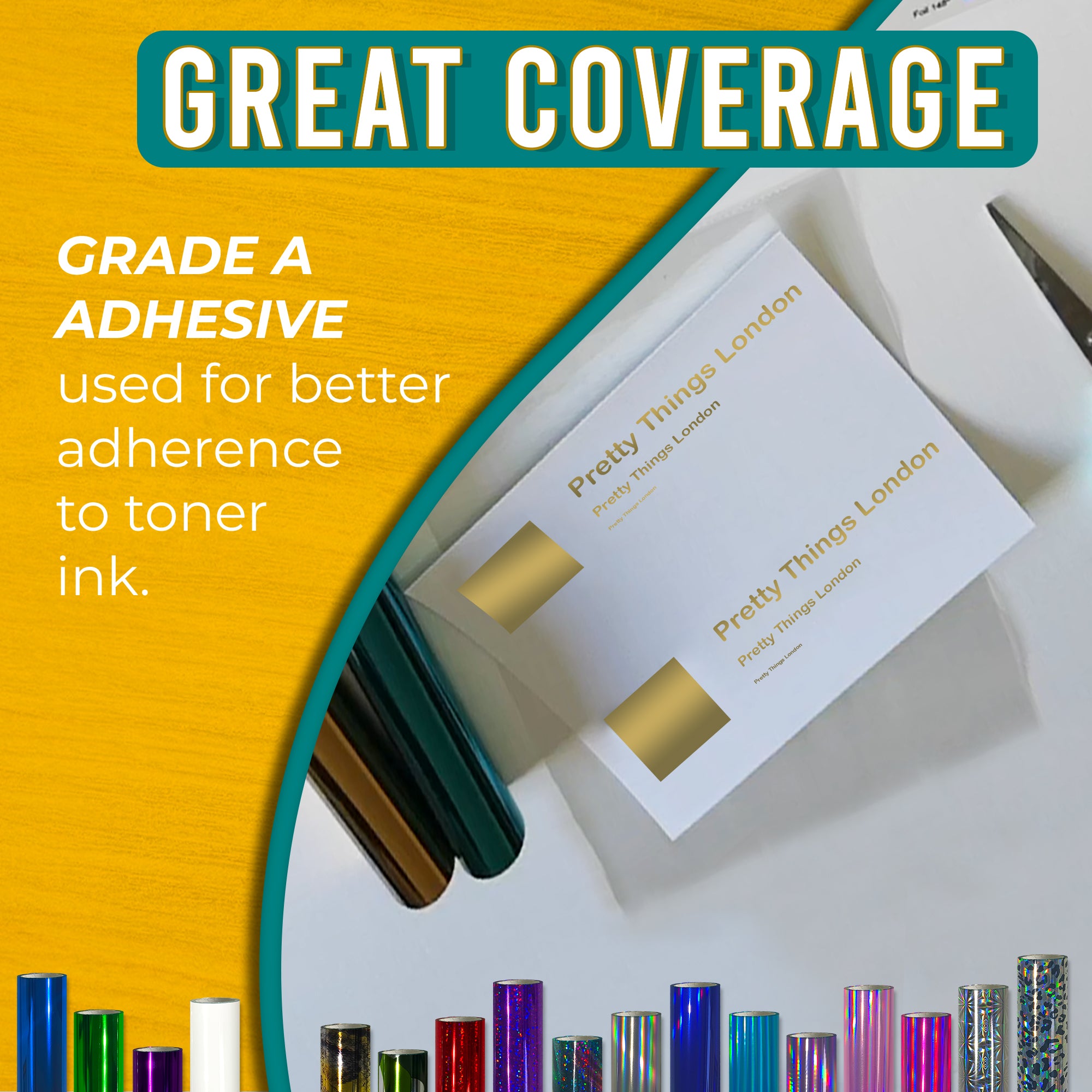 Grade-A adhesive Metallic Light Gold toner foil showing crisp, solid coverage on business cards—reliable transfer to toner ink