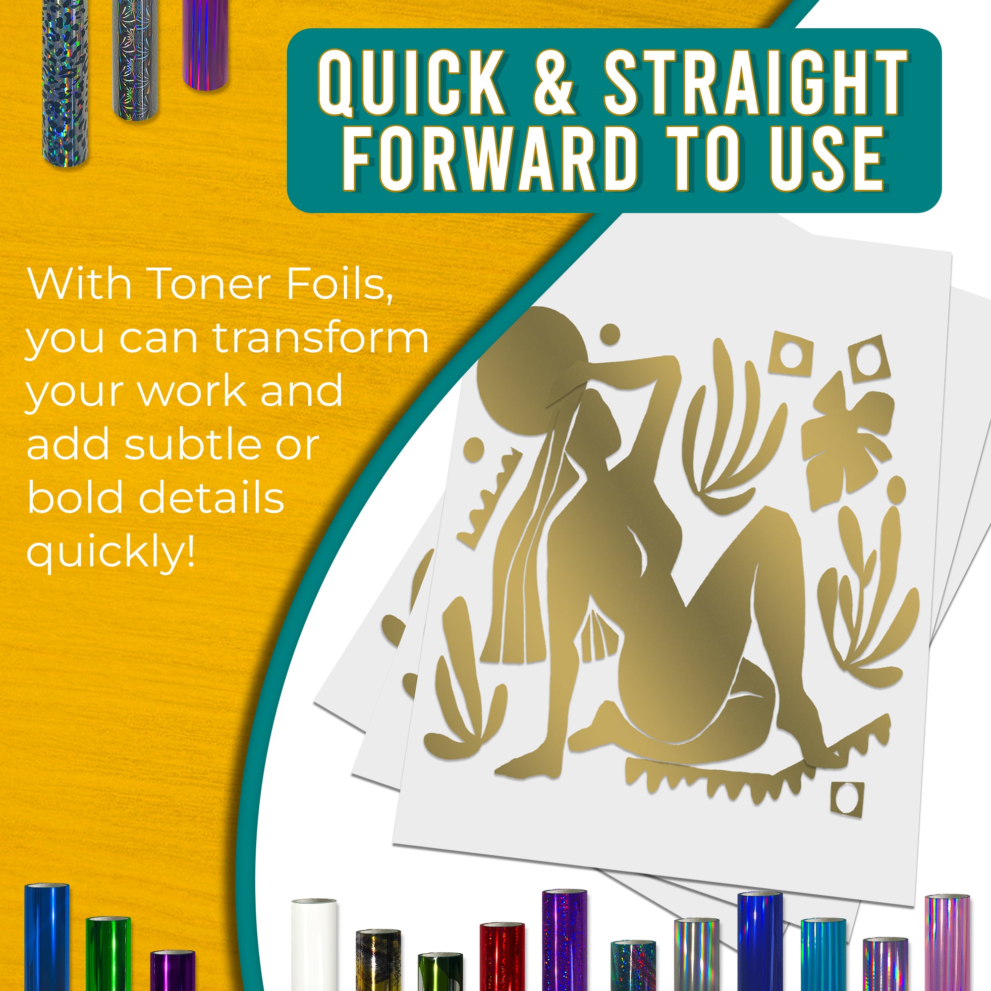 Metallic Light Gold toner foil example print, smooth, bold coverage on silhouette artwork; quick, straightforward foiling results